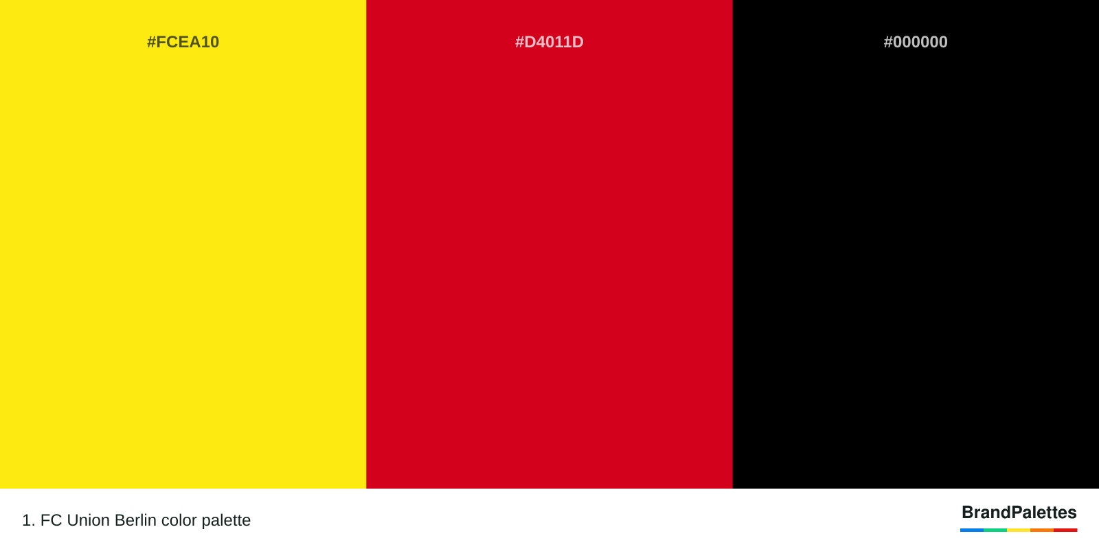 1. FC Union Berlin color palette with Vivid Yellow #FCEA10, Blood Orange #D4011D, Black #000000