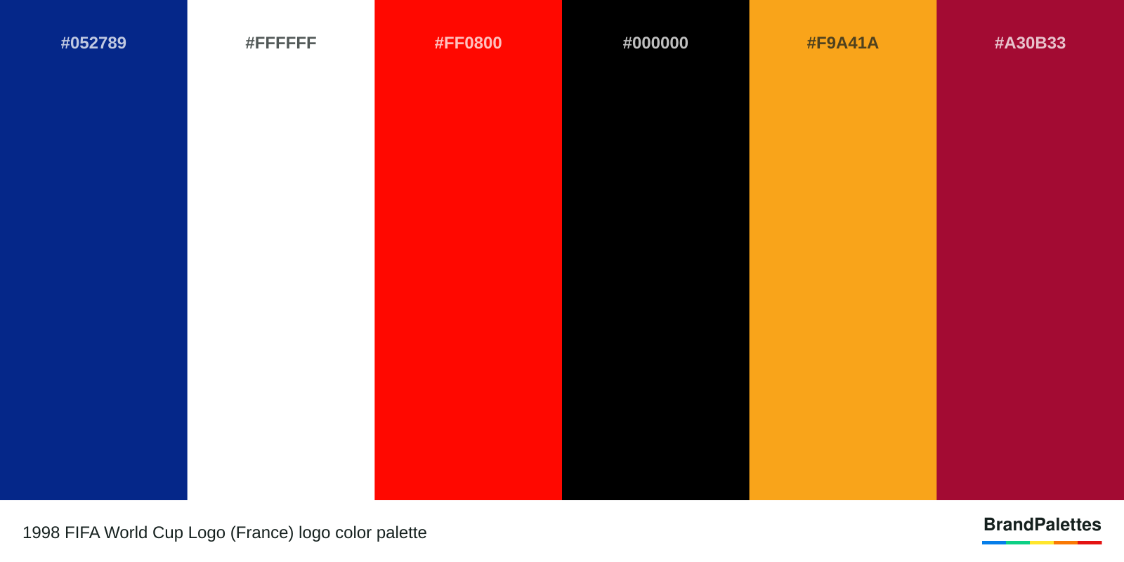 1998 FIFA World Cup Logo (France) color palette with Resolution Blue #052789, White #FFFFFF, Candy Apple Red #FF0800, Black #000000, Crayola’S Bright Yellow #F9A41A, Pink Raspberry #A30B33