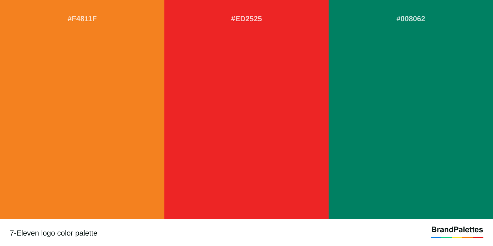 7-Eleven color palette with Orange #F4811F, Red #ED2525, Green #008062