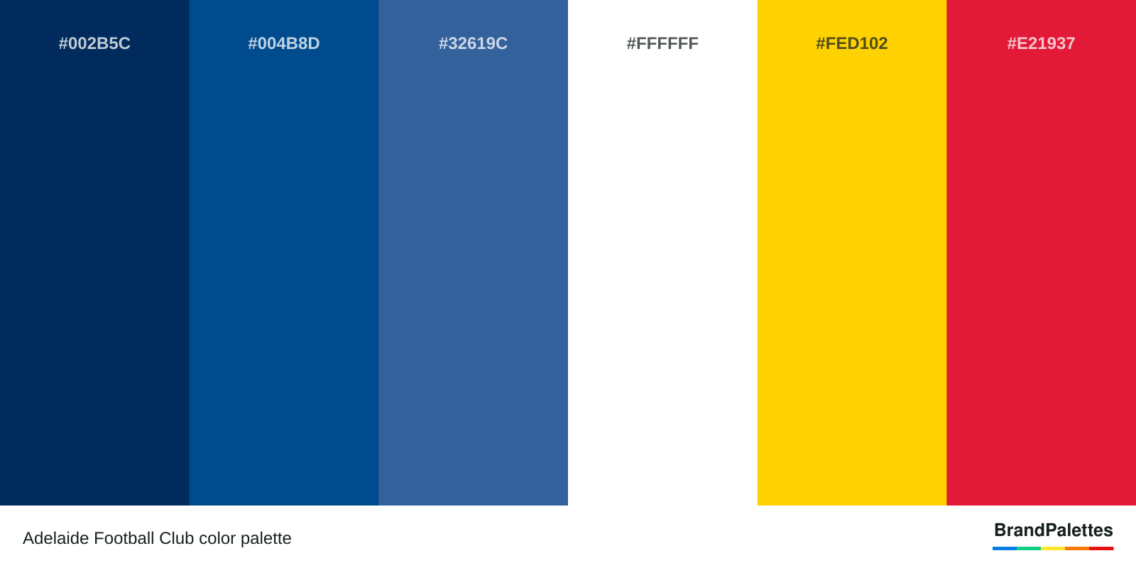 Adelaide Football Club color palette with Cool Black #002B5C, Midnight Blue #004B8D, Lapis Lazuli #32619C, White #FFFFFF, Cyber Yellow #FED102, Crimson #E21937