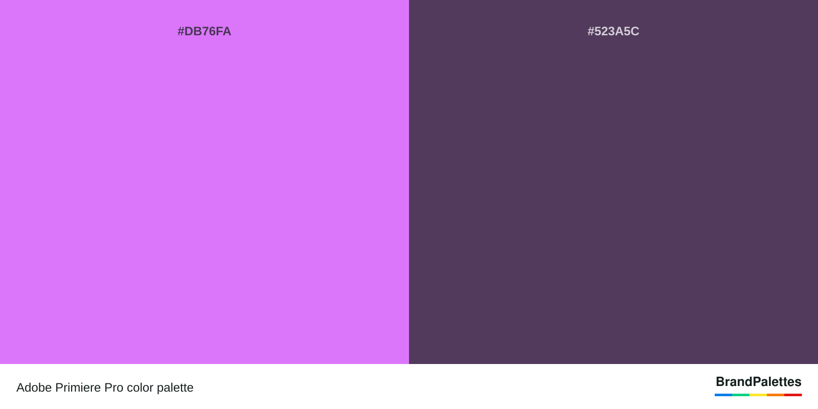 Adobe Primiere Pro color palette with Heliotrope #DB76FA, English Violet #523A5C
