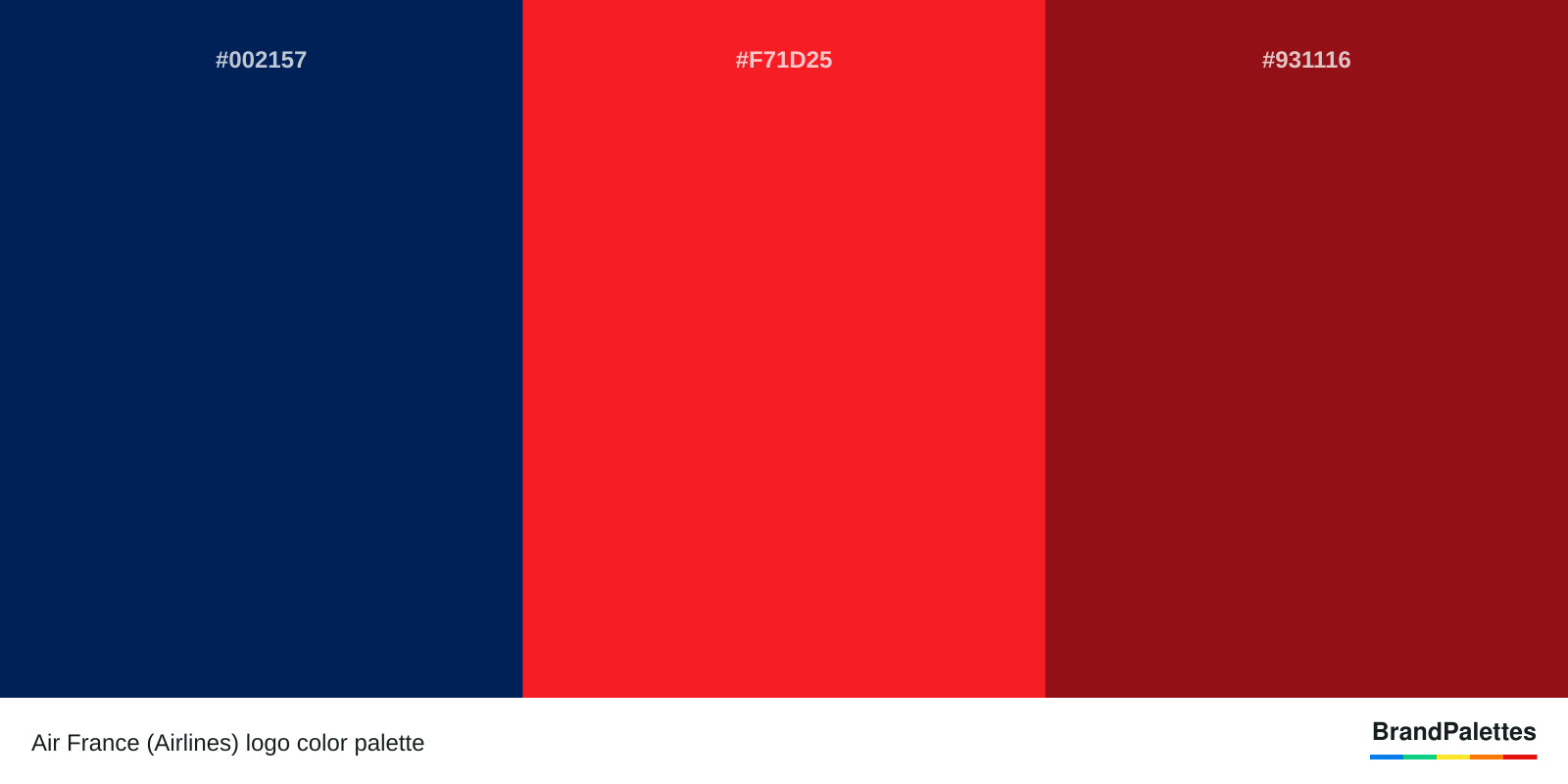 Air France (Airlines) color palette with Oxford Blue #002157, Pigment Red #F71D25, Spartan Crimson #931116