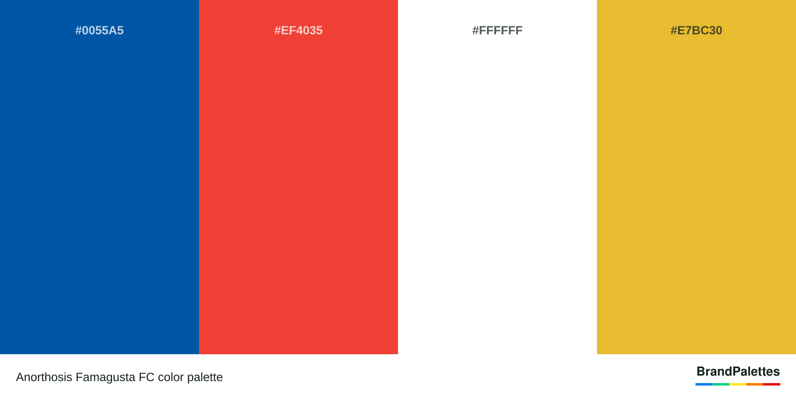Anorthosis Famagusta FC color palette with Usafa Blue #0055A5, Cinnabar #EF4035, White #FFFFFF, Meat Brown #E7BC30