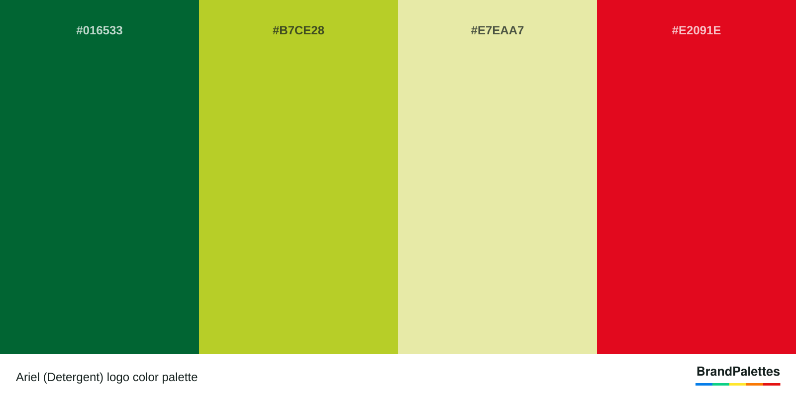 Ariel (Detergent) color palette with Cadmium Green #016533, Acid Green #B7CE28, Pale Goldenrod #E7EAA7, Cadmium Red #E2091E