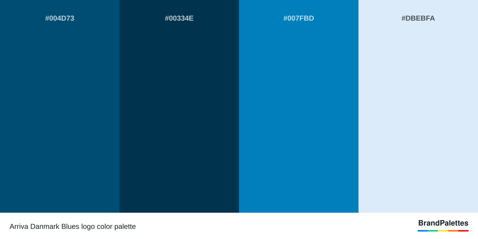 Arriva Danmark Blues color palette with Dark Cerulean #004D73, Prussian Blue #00334E, Star Command Blue #007FBD, Azureish White #DBEBFA