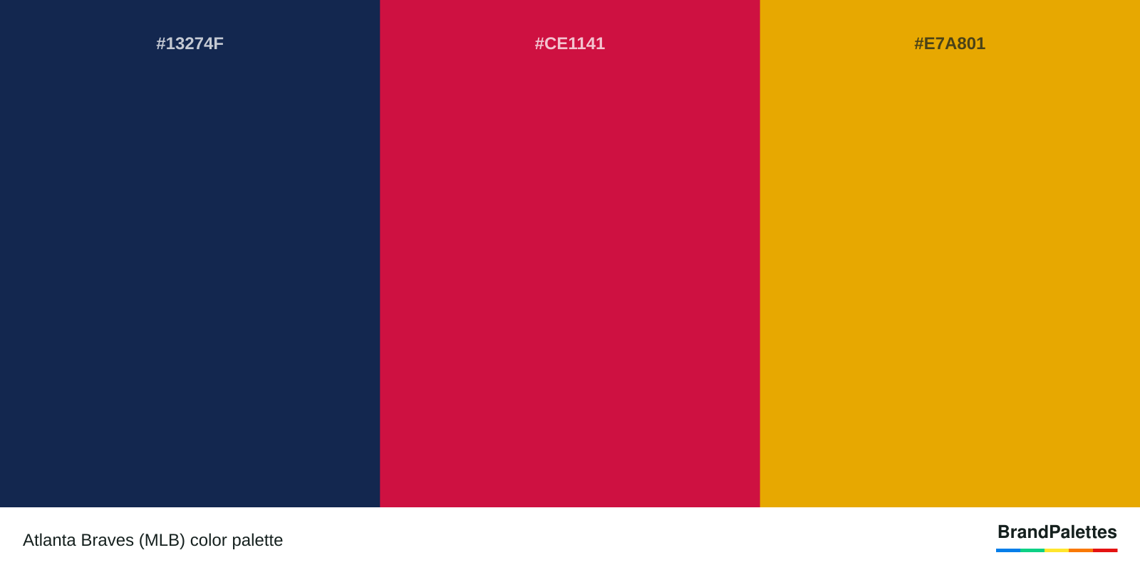 Atlanta Braves (MLB) color palette with Space Cadet #13274F, Crimson #CE1141, Mustard Yellow #E7A801