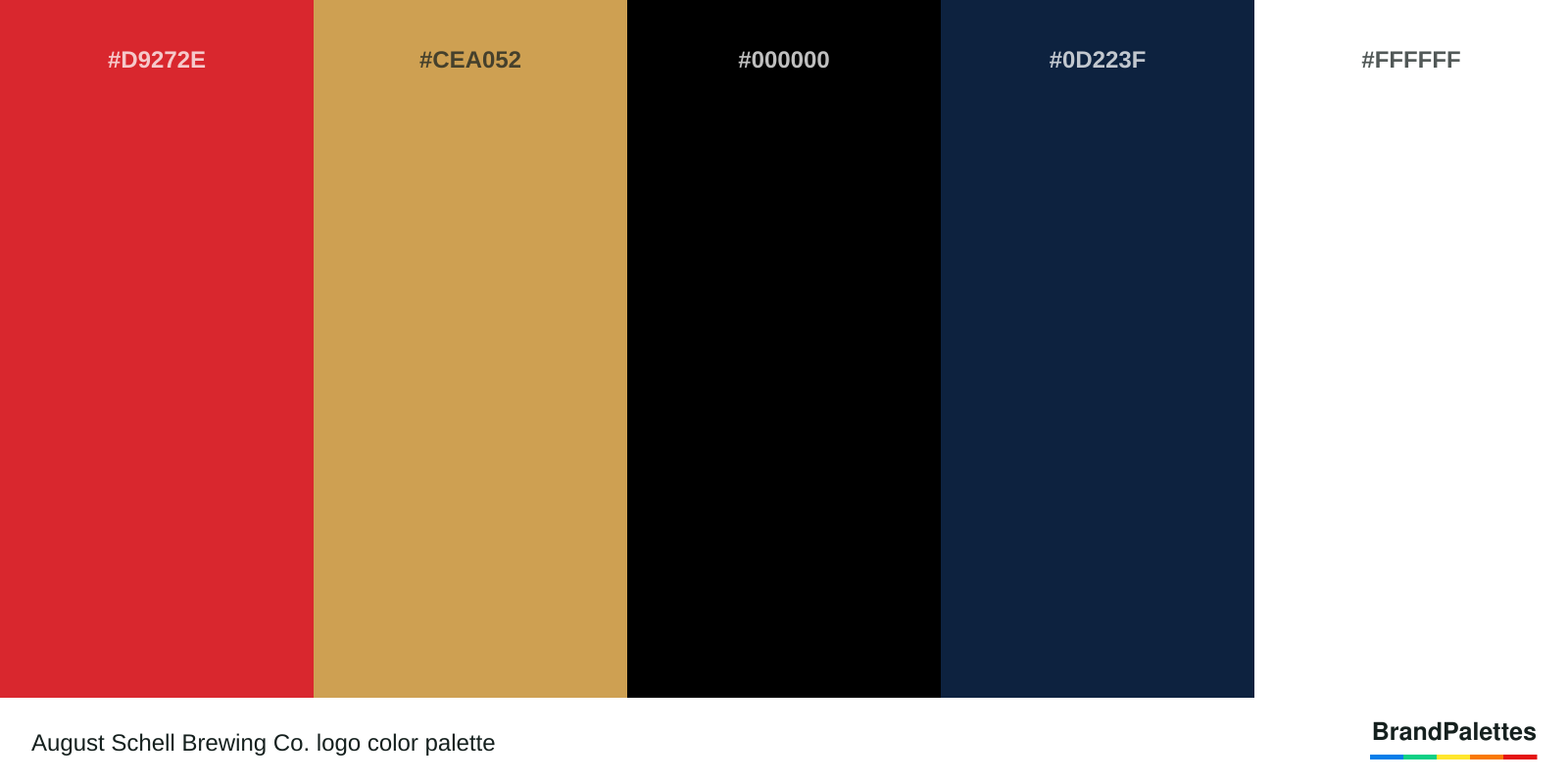 August Schell Brewing Co. color palette with Red #D9272E, Gold #CEA052, Black #000000, Navy Blue #0D223F, White #FFFFFF