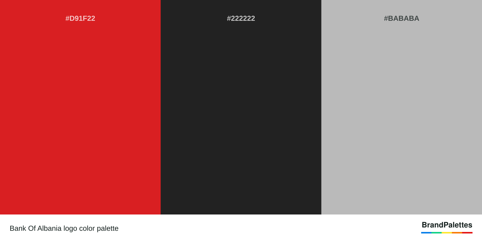 Bank Of Albania color palette with Maximum Red #D91F22, Raisin Black #222222, X11 Gray #BABABA