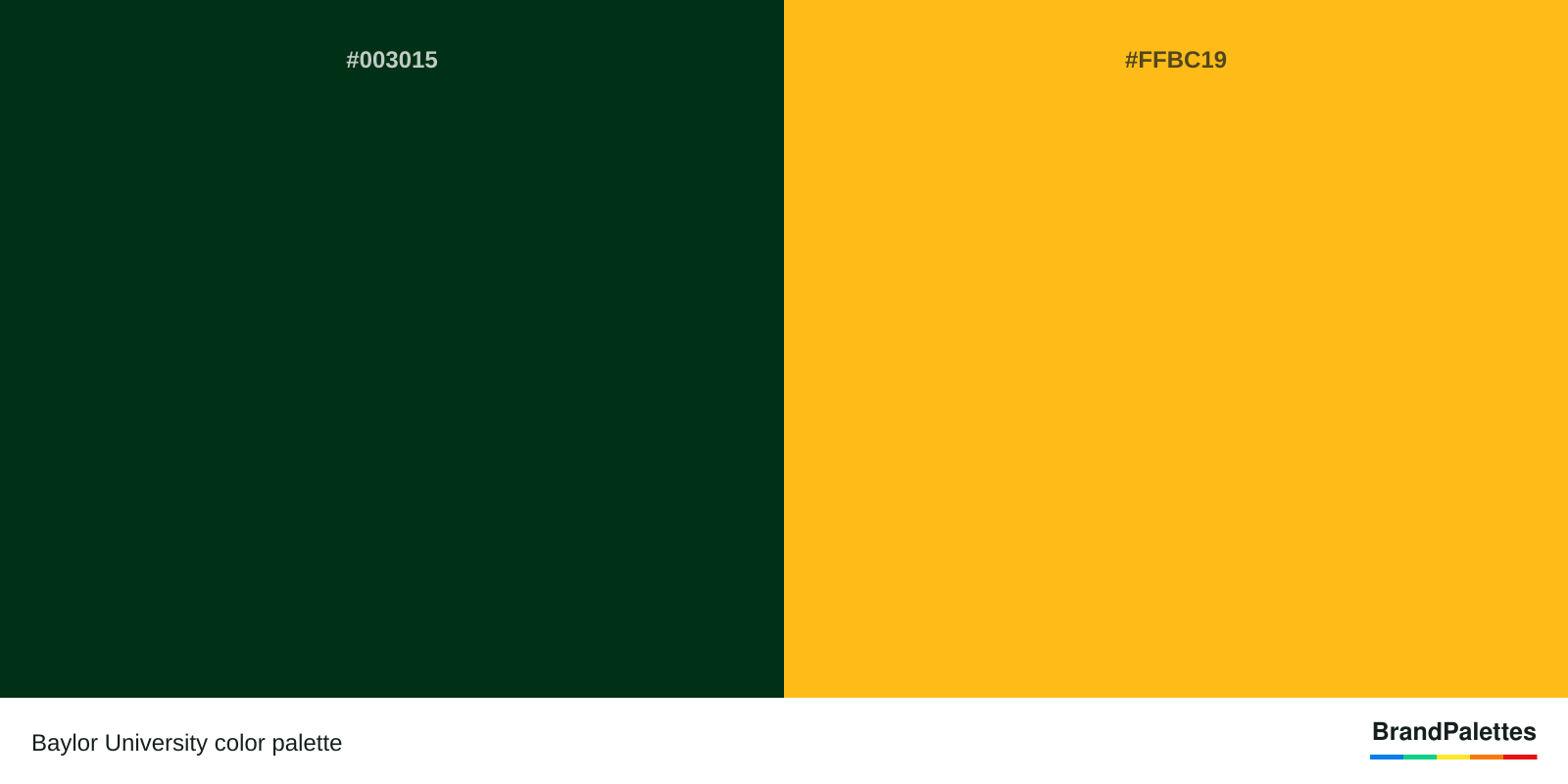Baylor University color palette with Dark Green #003015, Orange-Yellow #FFBC19