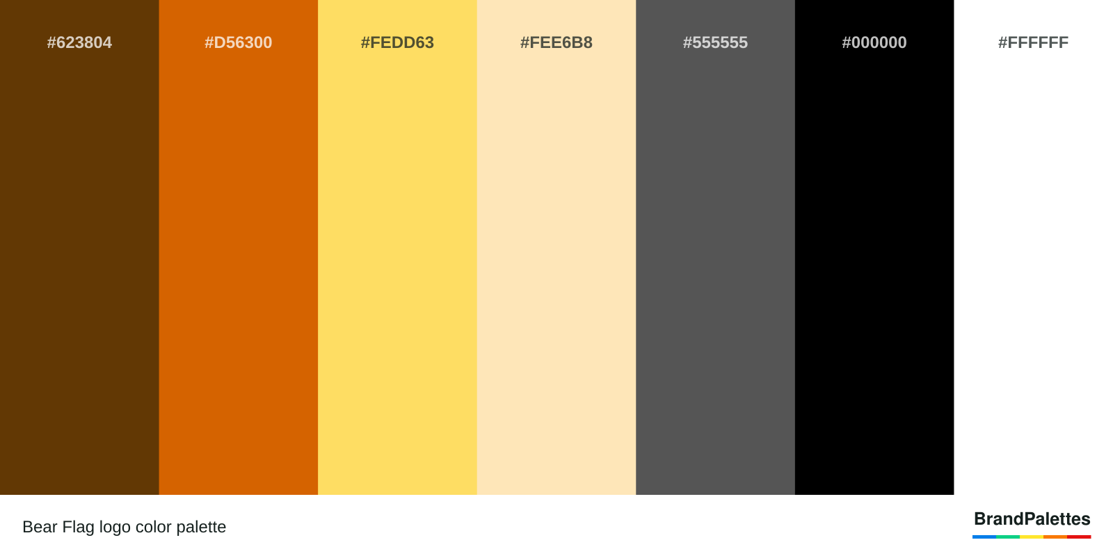 Bear Flag color palette with Dark Brown #623804, Orange #D56300, Yellow #FEDD63, Tan #FEE6B8, Gray #555555, Black #000000, White #FFFFFF