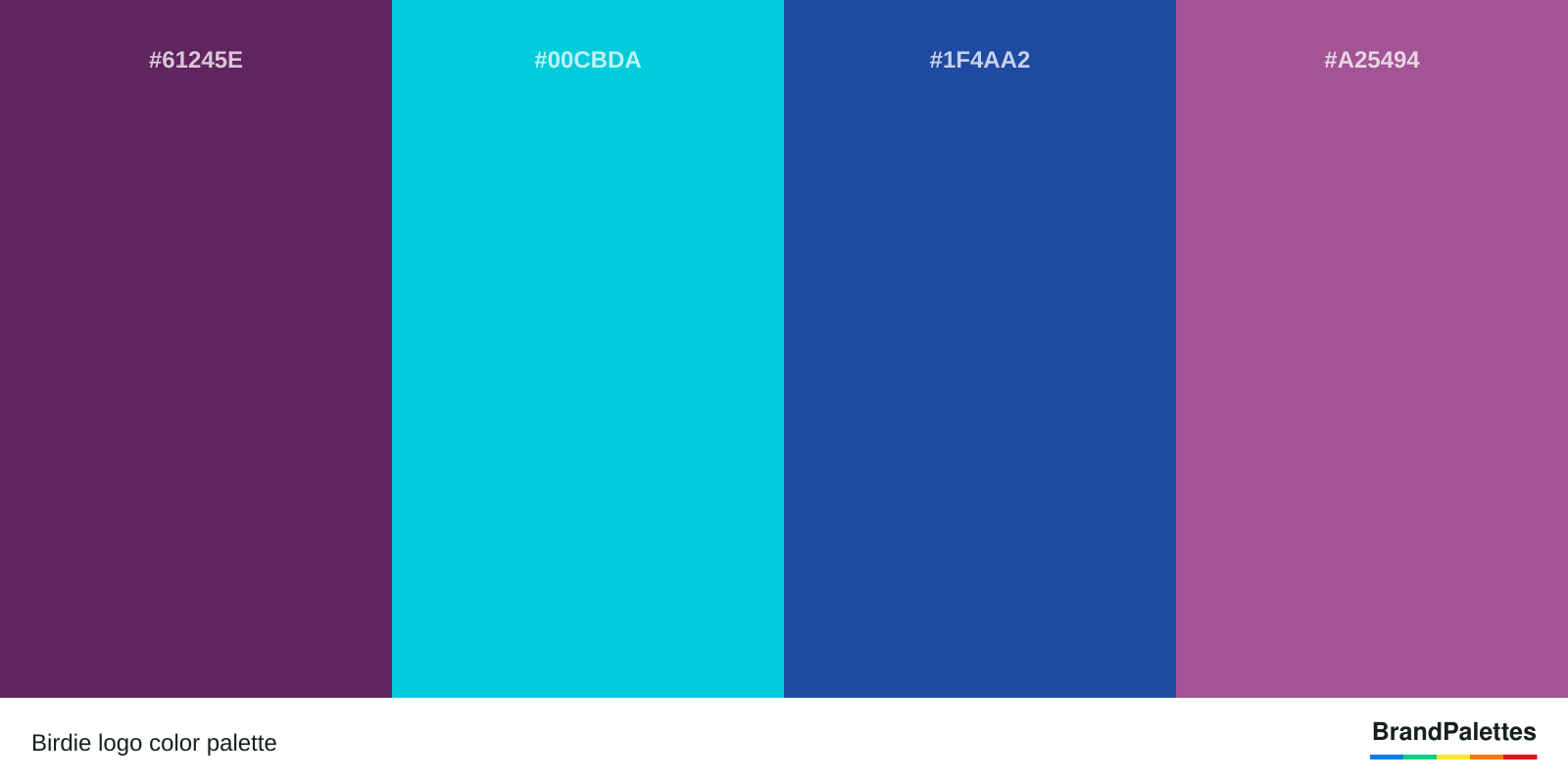 Birdie color palette with Dark Purple #61245E, Aqua Blue #00CBDA, Royal Blue #1F4AA2, Mauve #A25494