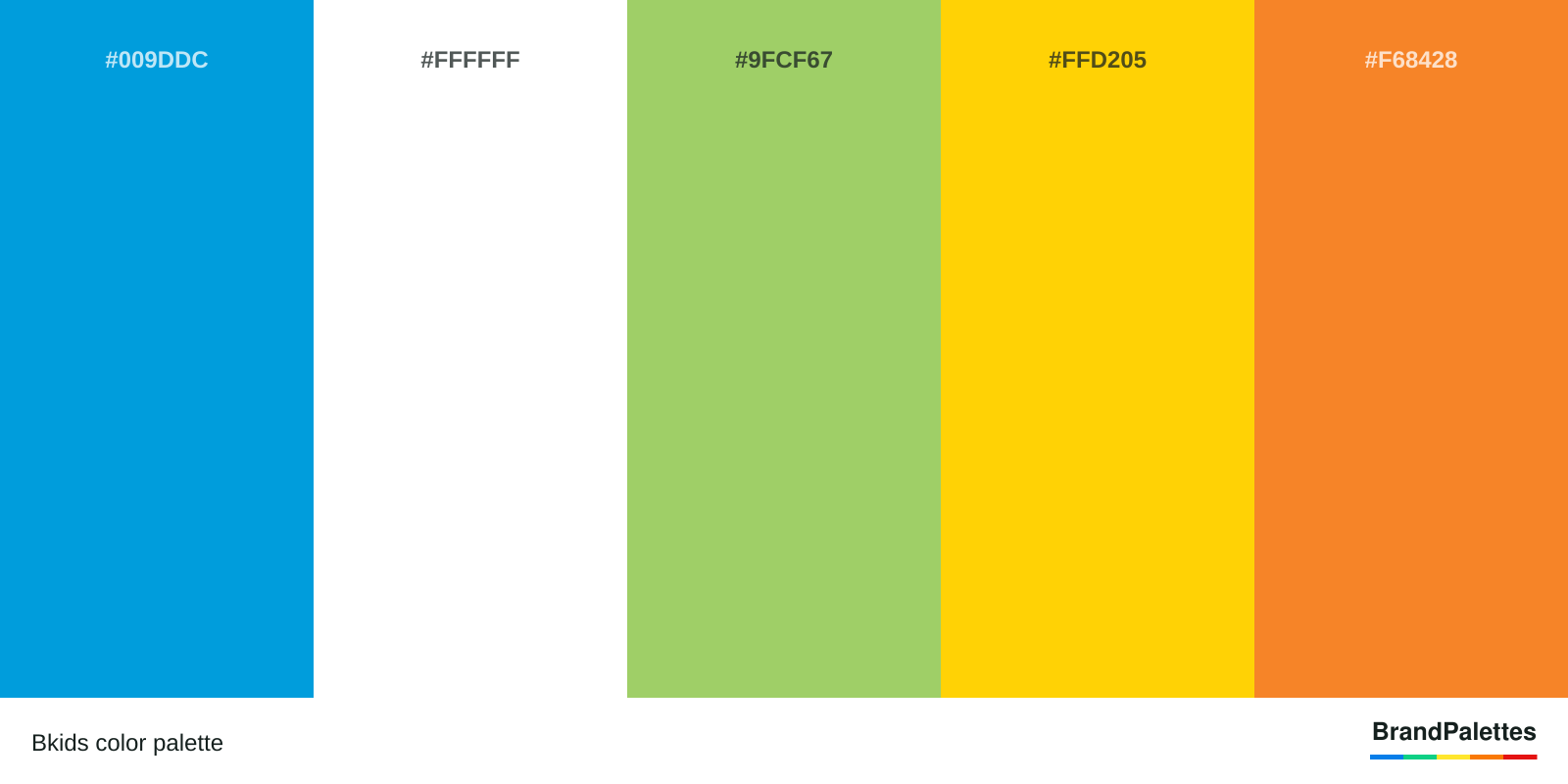 Bkids color palette with Rich Electric Blue #009DDC, White #FFFFFF, Pistachio #9FCF67, Cyber Yellow #FFD205, Princeton Orange #F68428