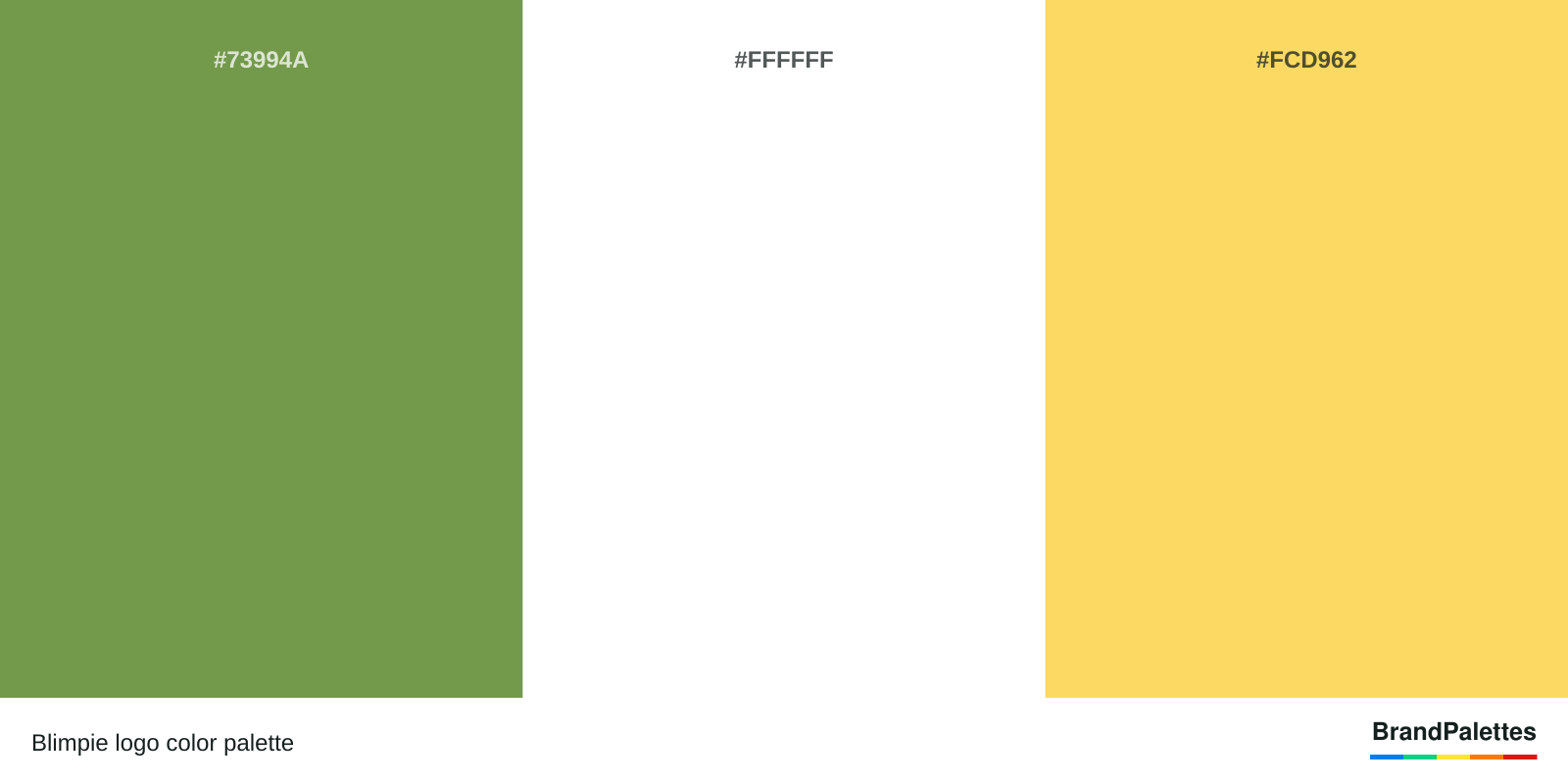 Blimpie color palette with Palm Leaf #73994A, White #FFFFFF, Naples Yellow #FCD962