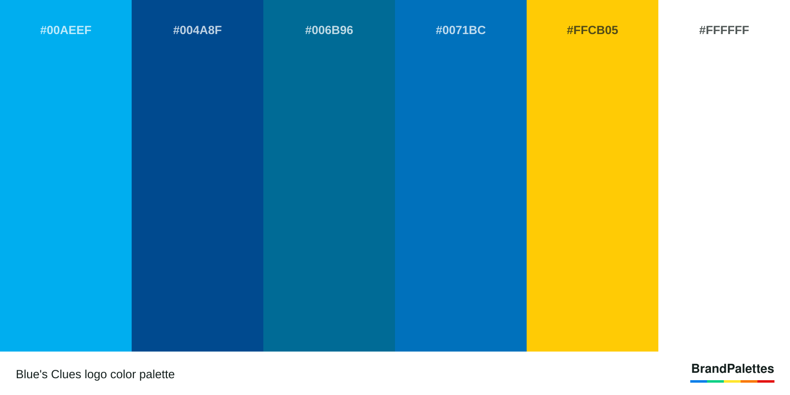 Blue's Clues color palette with Blue #00AEEF, Navy #004A8F, Bahama Blue #006B96, Dark Blue #0071BC, Yellow #FFCB05, White #FFFFFF
