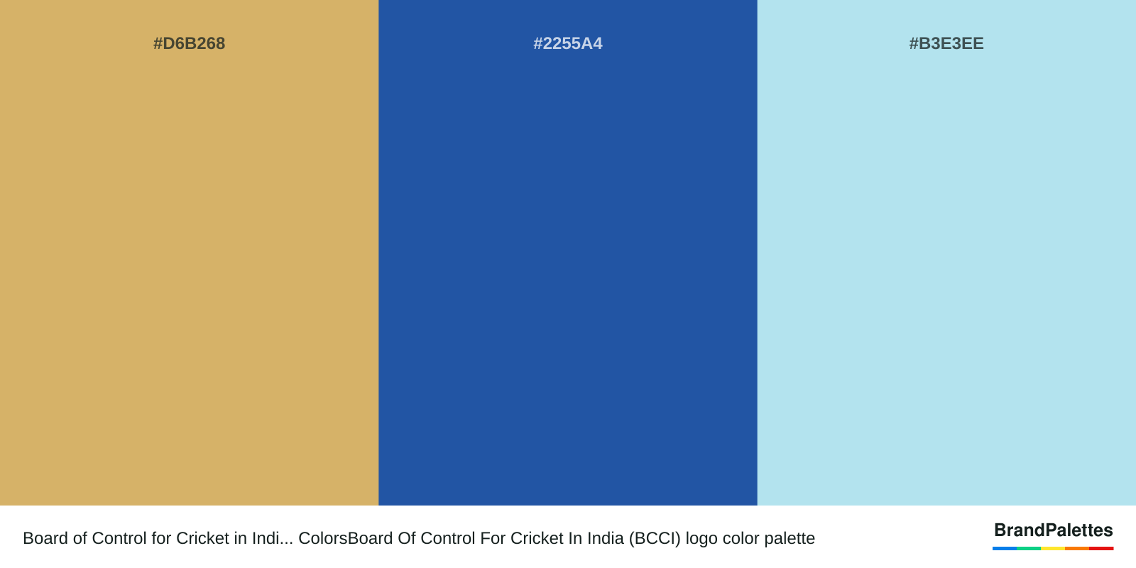 Board of Control for Cricket in Indi... ColorsBoard Of Control For Cricket In India (BCCI) color palette with Earth Yellow #D6B268, Cyan Cobalt Blue #2255A4, Blizzard Blue #B3E3EE