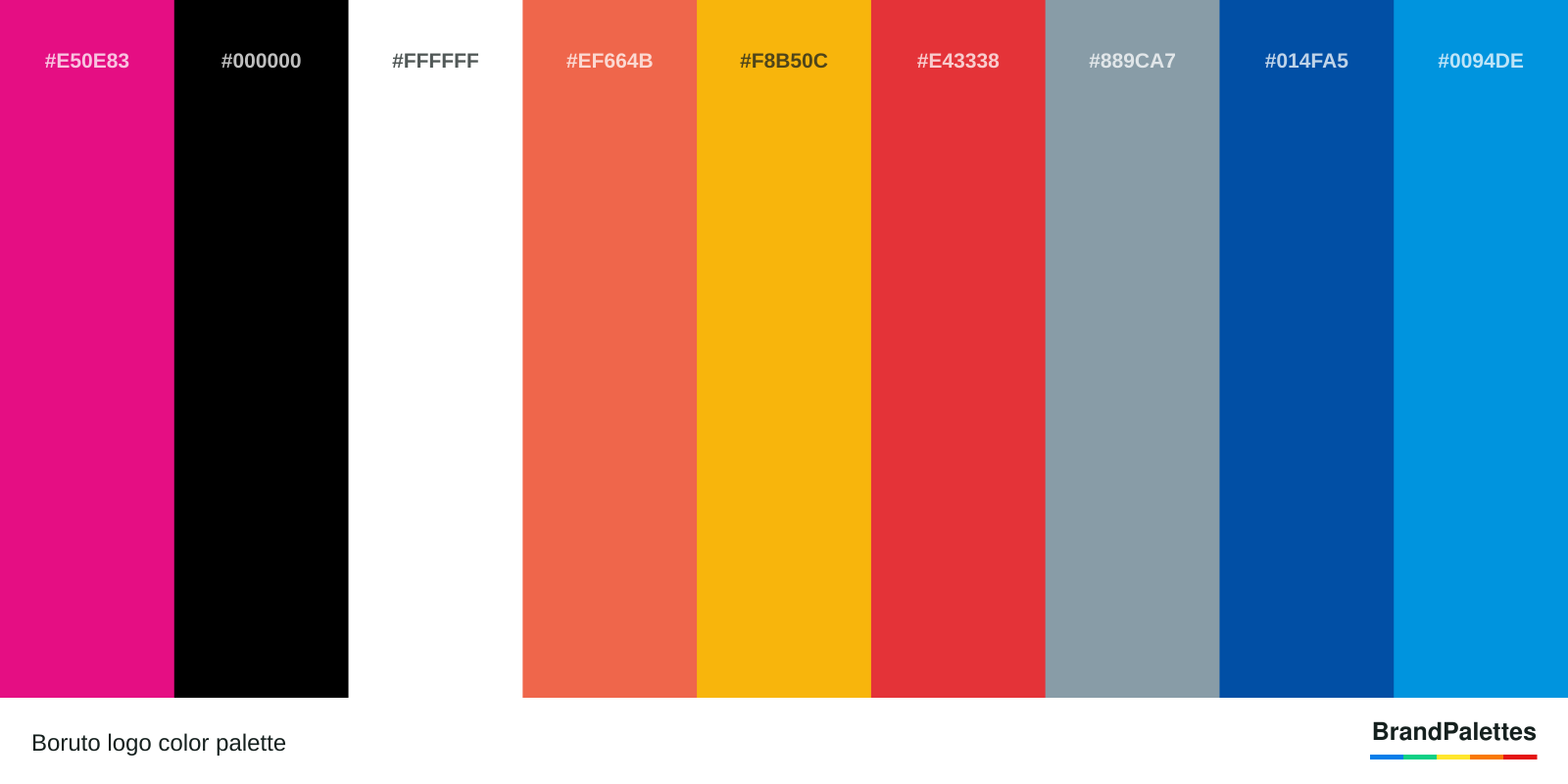 Boruto color palette with Deep Pink #E50E83, Black #000000, White #FFFFFF, Salmon #EF664B, Orange #F8B50C, Red #E43338, Gray #889CA7, Blue #014FA5, Sky Blue #0094DE