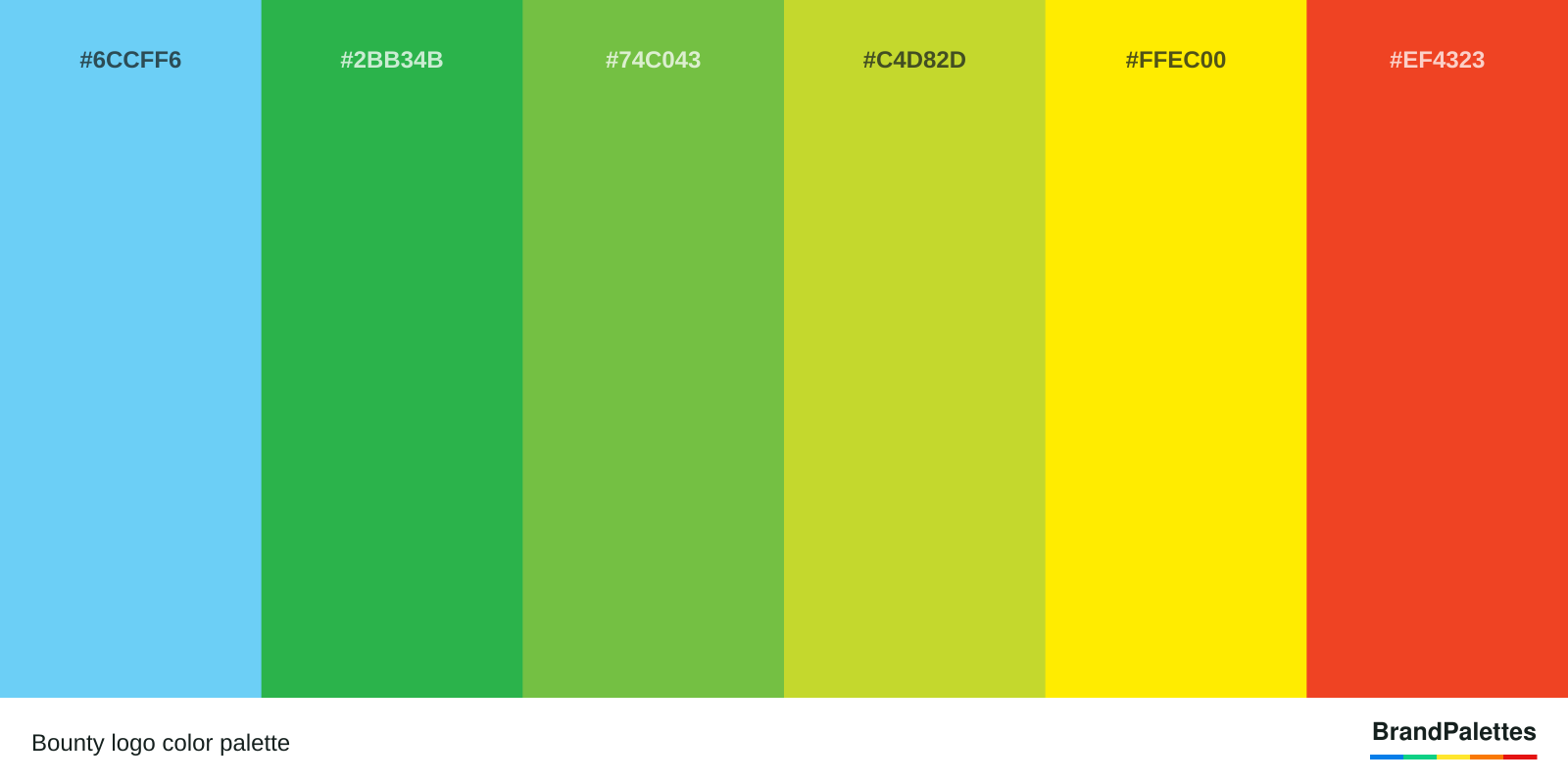 Bounty color palette with Maya Blue #6CCFF6, American Green #2BB34B, Apple #74C043, Pear #C4D82D, Middle Yellow #FFEC00, Cinnabar #EF4323