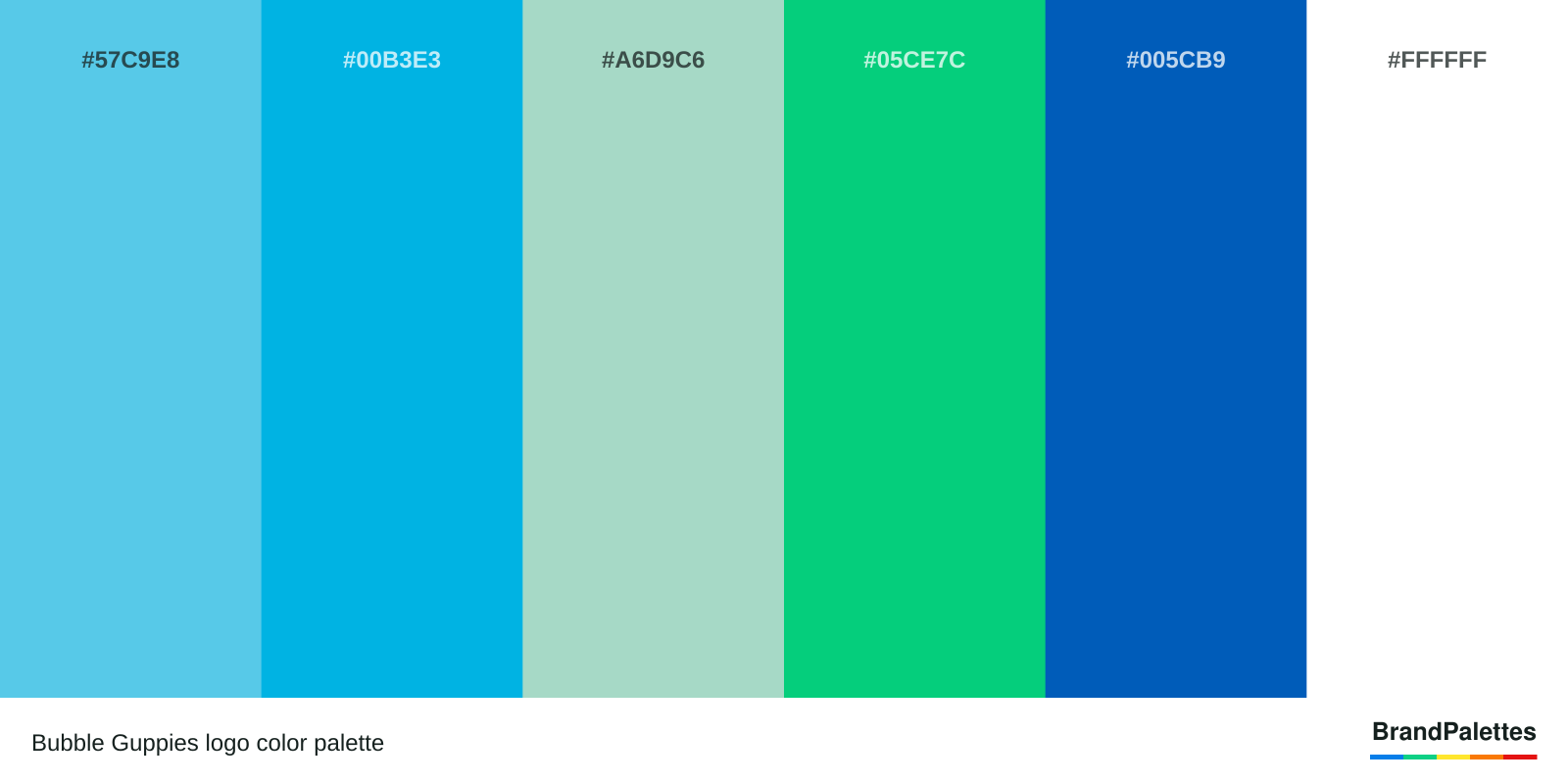 Bubble Guppies color palette with Light Blue #57C9E8, Blue #00B3E3, Light Green #A6D9C6, Dark Green #05CE7C, Navy #005CB9, White #FFFFFF