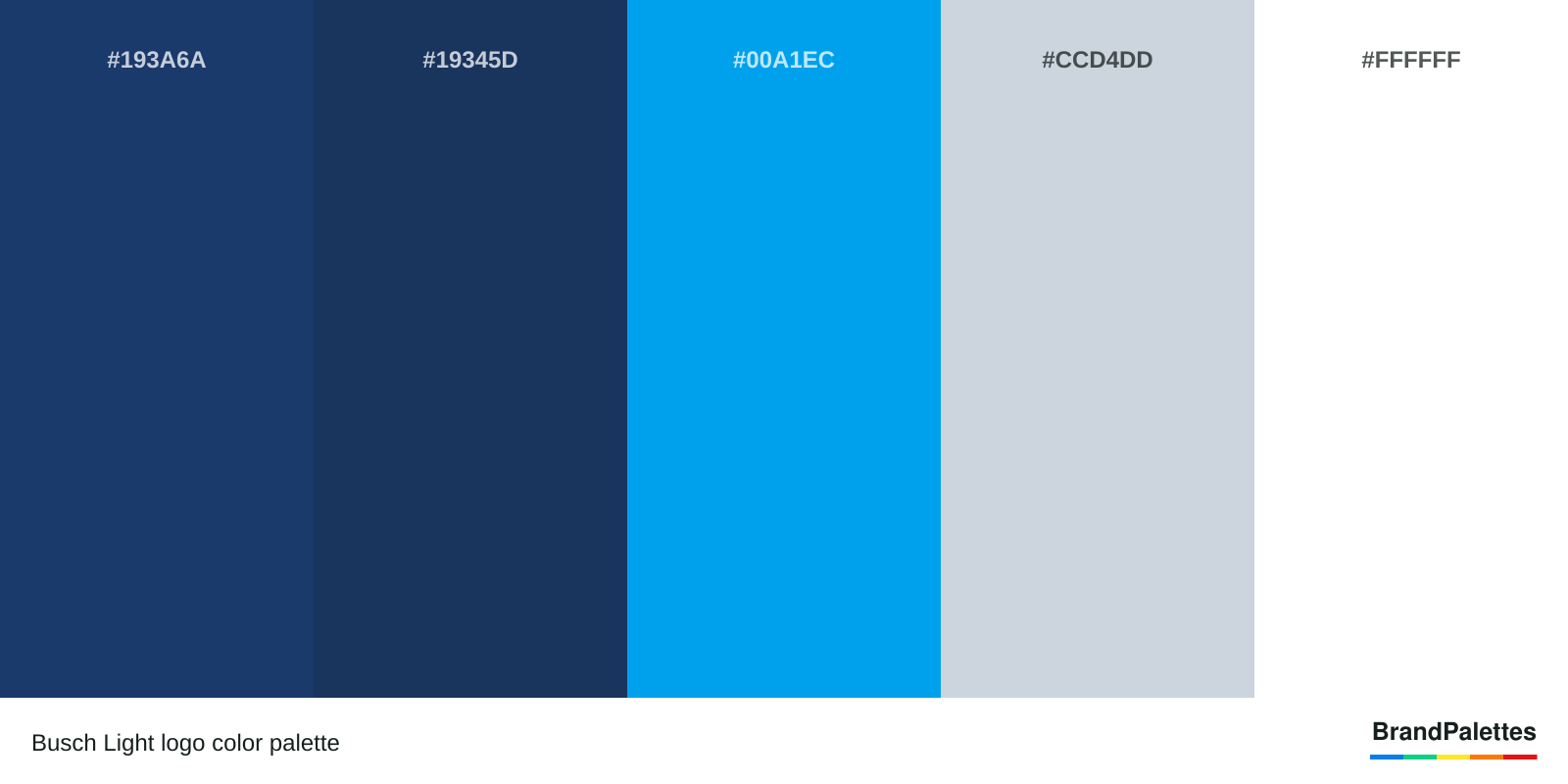 Busch Light color palette with Navy #193A6A, Dark Blue #19345D, Sky Blue #00A1EC, Gray #CCD4DD, White #FFFFFF