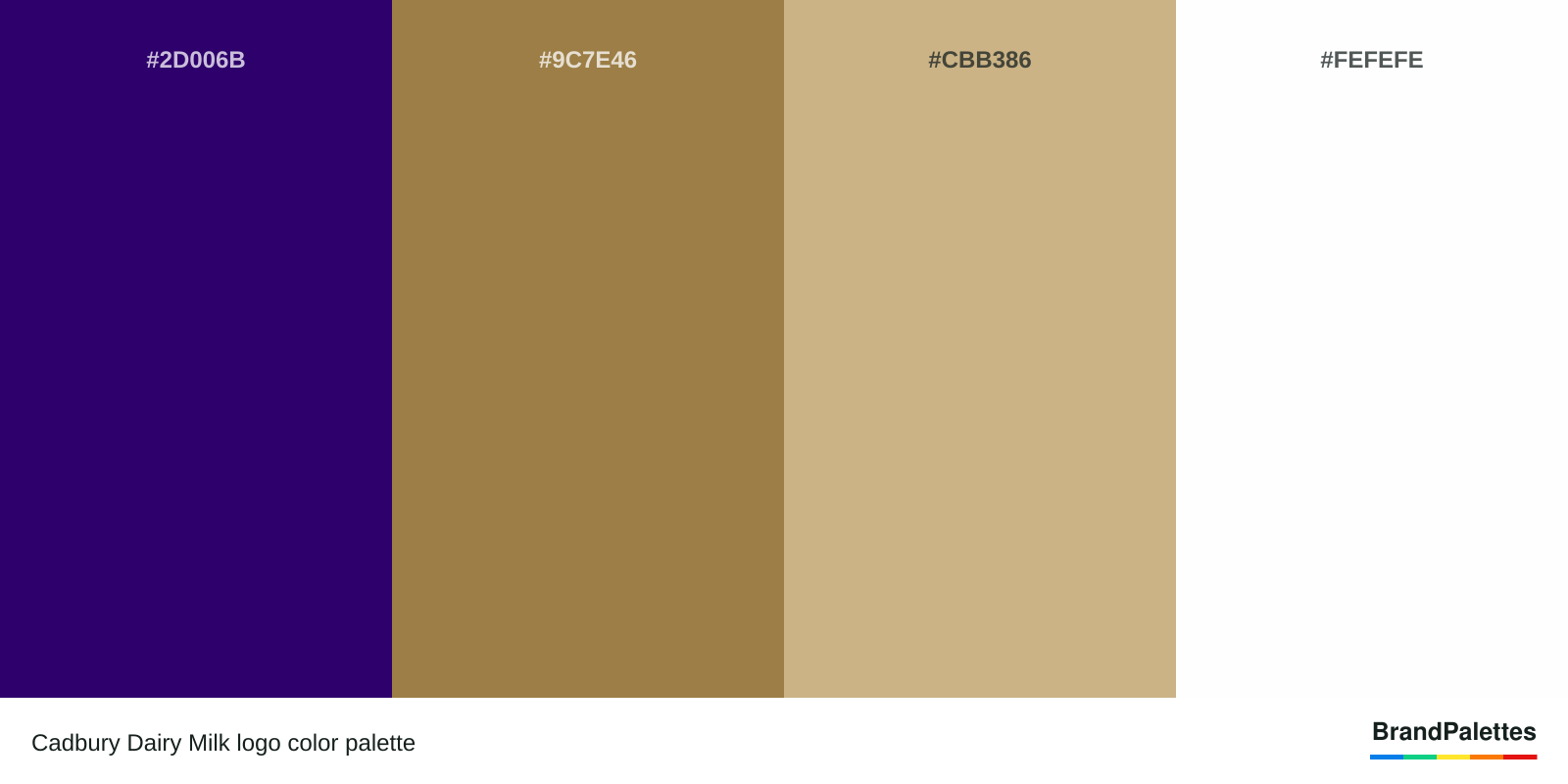Cadbury Dairy Milk color palette with Deep Violet #2D006B, Metallic Sunburst #9C7E46, Tan #CBB386, White #FEFEFE
