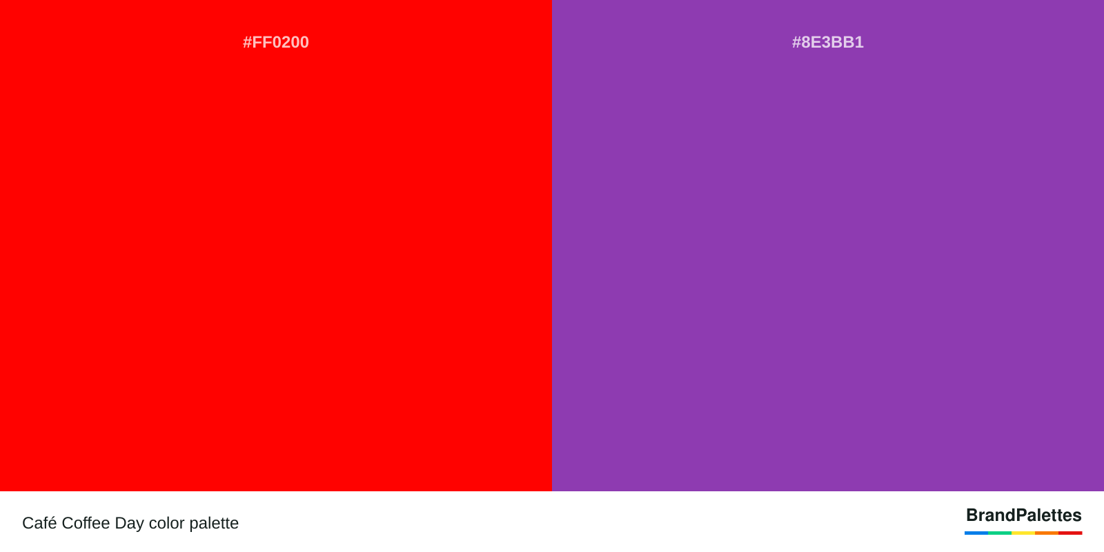 Café Coffee Day color palette with Red #FF0200, Purpureus #8E3BB1