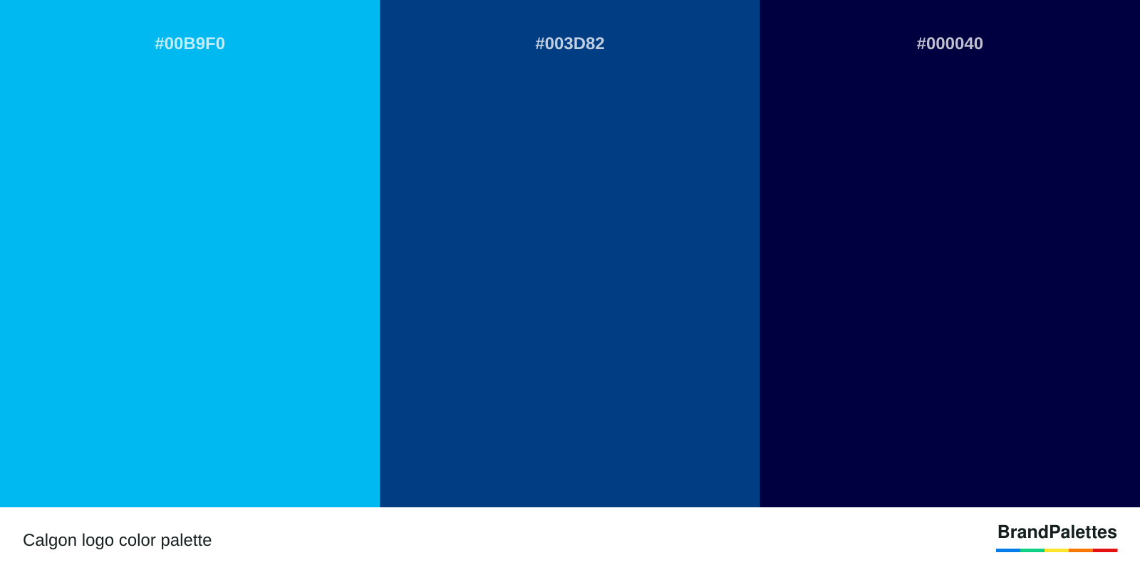 Calgon color palette with Process Cyan #00B9F0, Dark Cerulean #003D82, Cetacean Blue #000040