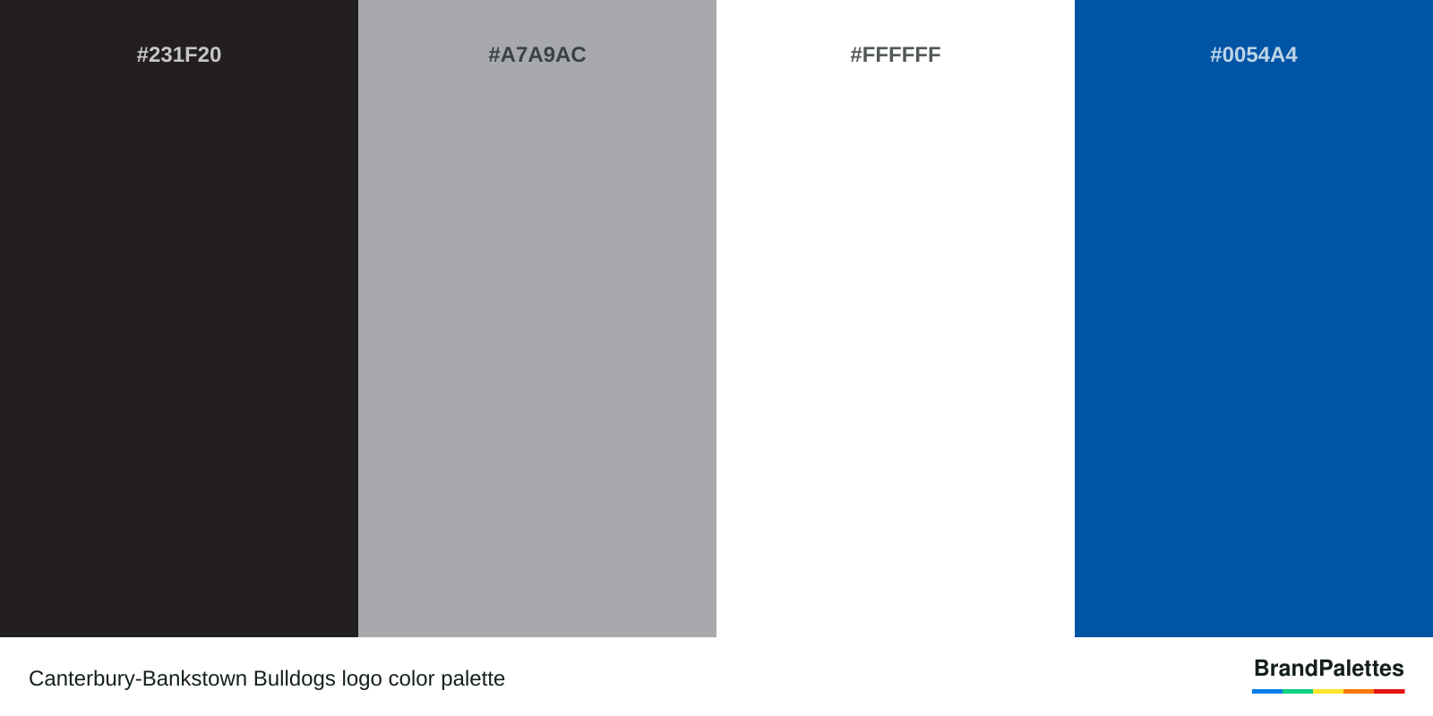 Canterbury-Bankstown Bulldogs color palette with Raisin Black #231F20, Metallic Silver #A7A9AC, White #FFFFFF, Usafa Blue #0054A4