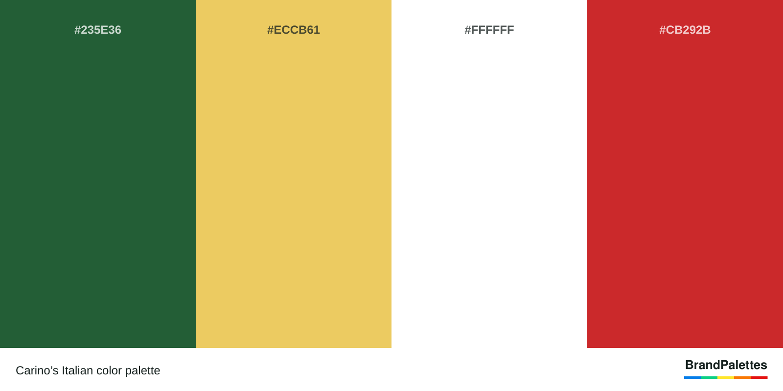 Carino’s Italian color palette with Mughal Green #235E36, Arylide Yellow #ECCB61, White #FFFFFF, Fire Engine Red #CB292B