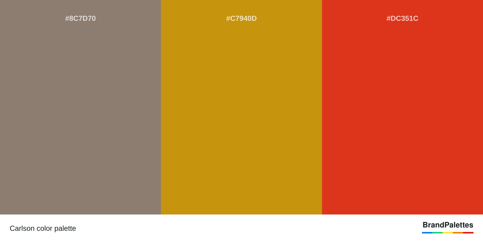 Carlson color palette with Rocket Metallic #8C7D70, Chinese Gold #C7940D, Plochere’S Vermilion #DC351C