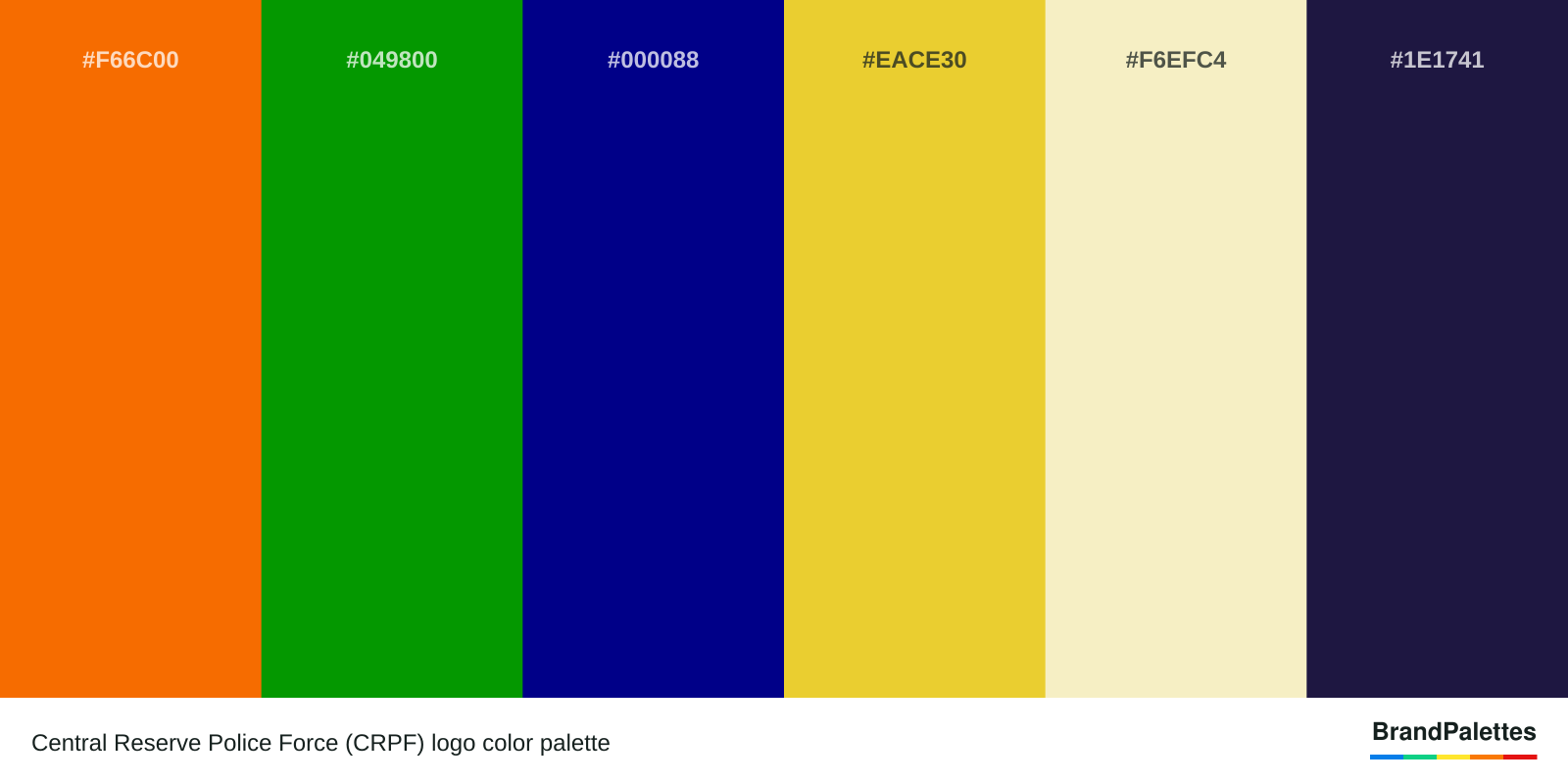 Central Reserve Police Force (CRPF) color palette with Safety Orange #F66C00, Islamic Green #049800, Dark Blue #000088, Saffron #EACE30, Blond #F6EFC4, Yankees Blue #1E1741