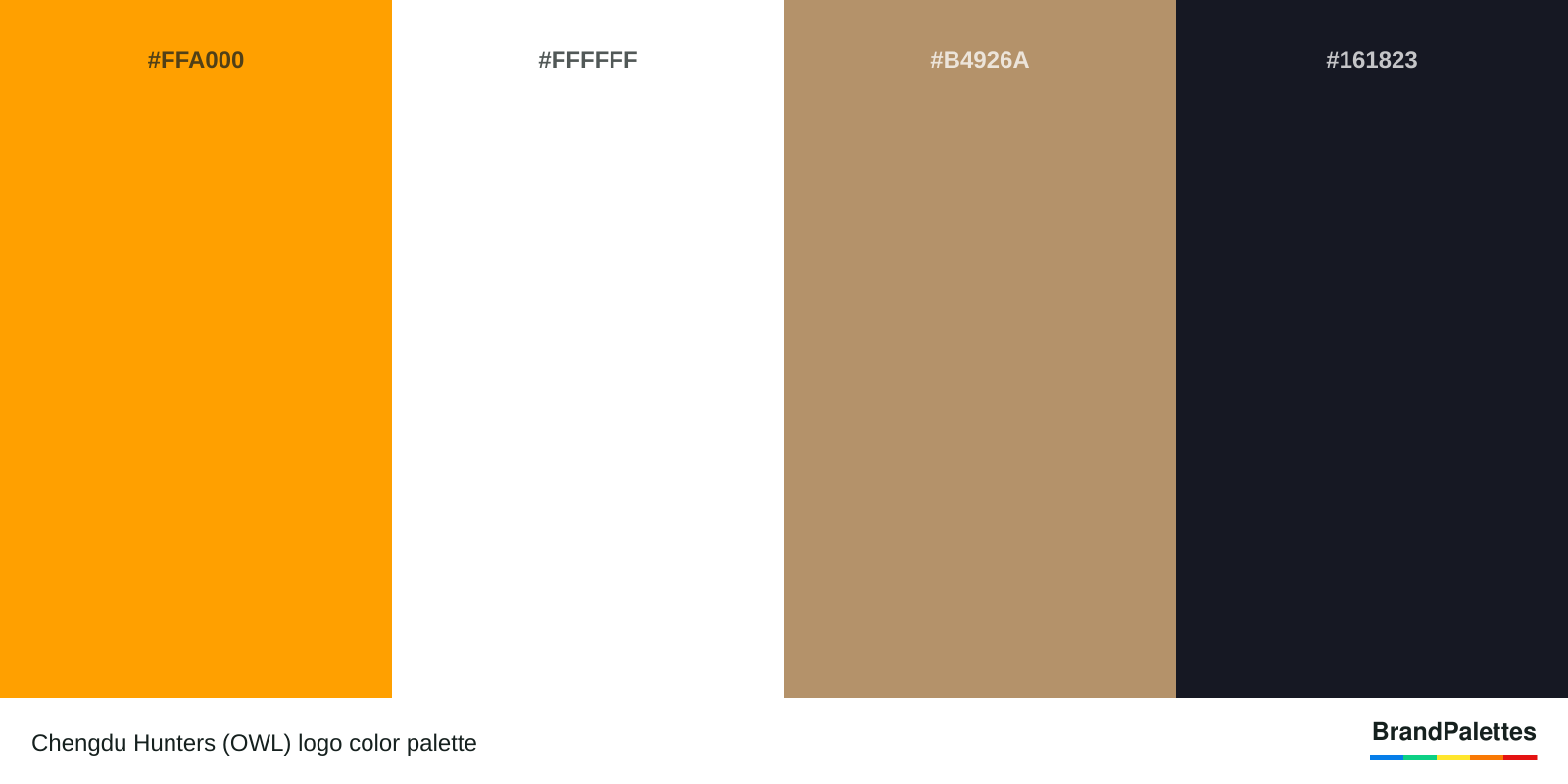 Chengdu Hunters (OWL) color palette with Vivid Orange Peel #FFA000, White #FFFFFF, Light Taupe #B4926A, Eerie Black #161823