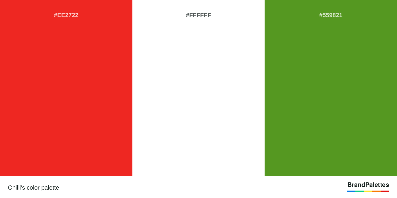 Chilli’s color palette with Lust #EE2722, White #FFFFFF, Maximum Green #559821