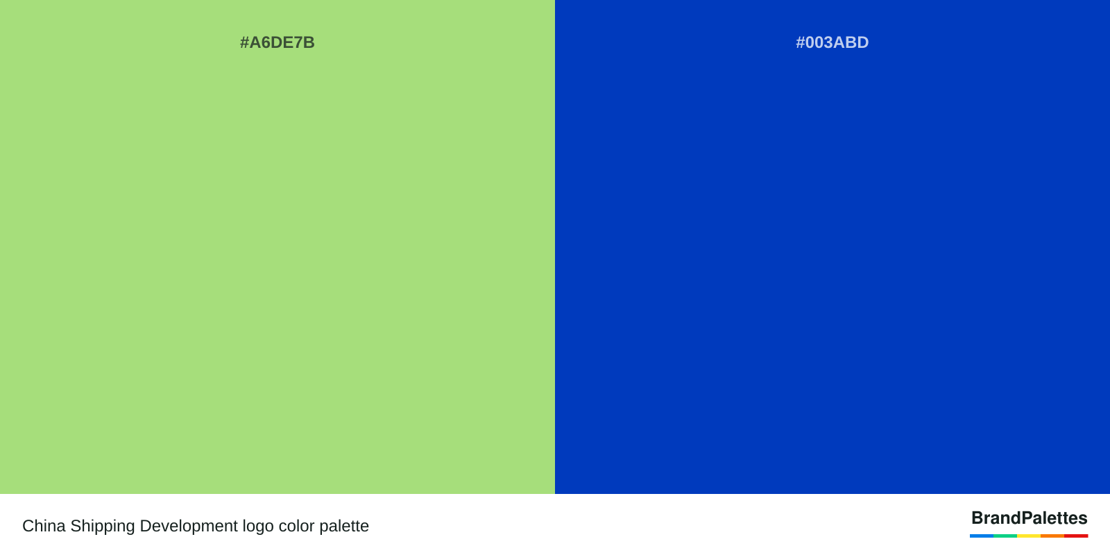 China Shipping Development color palette with Pistachio #A6DE7B, Crayola’S Absolute Zero #003ABD