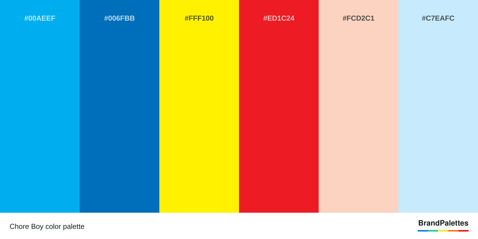 Chore Boy color palette with Vivid Cerulean #00AEEF, French Blue #006FBB, Yellow Rose #FFF100, Pigment Red #ED1C24, Peach Puff #FCD2C1, Water #C7EAFC