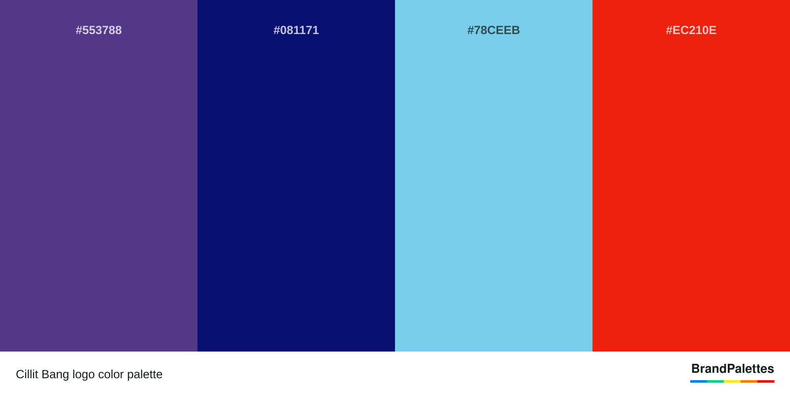 Cillit Bang color palette with Blue-Magenta Violet #553788, Dark Imperial Blue #081171, Crayola’S Sky Blue #78CEEB, Lust #EC210E