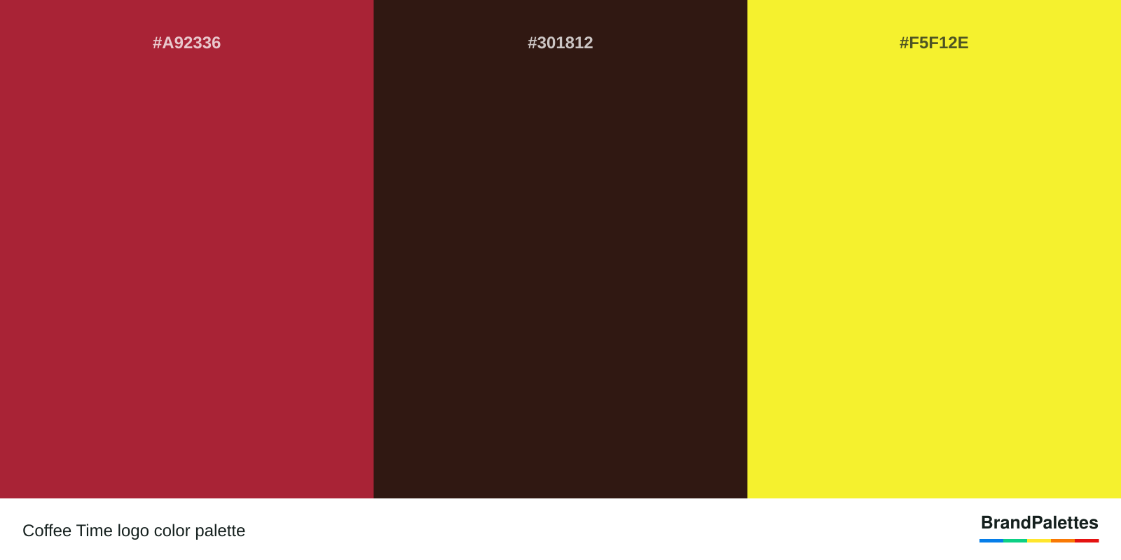 Coffee Time color palette with Deep Carmine #A92336, Zinnwaldite Brown #301812, Maximum Yellow #F5F12E