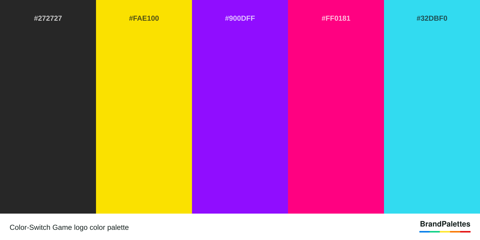 Color-Switch Game color palette with Charleston Green #272727, Pantone Yellow #FAE100, Electric Violet #900DFF, Bright Pink #FF0181, Turquoise #32DBF0