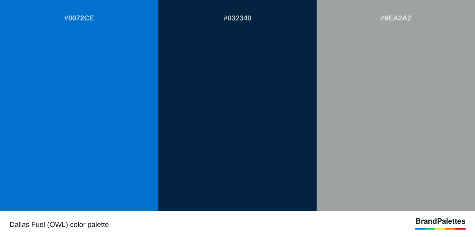 Dallas Fuel (OWL) color palette with True Blue #0072CE, Oxford Blue #032340, Quick Silver #9EA2A2
