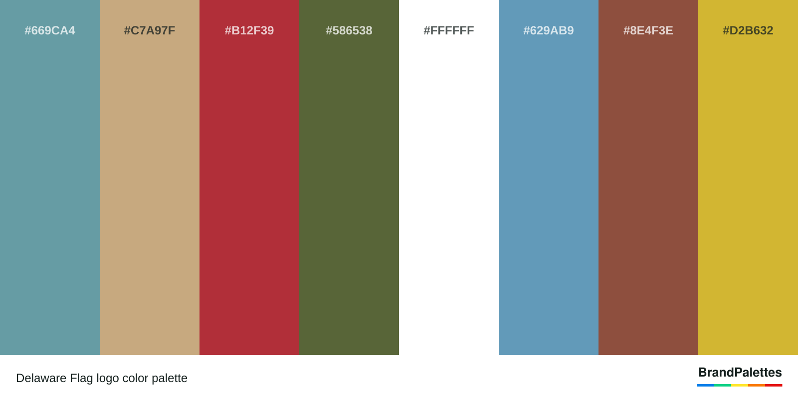 Delaware Flag color palette with Blue #669CA4, Tan #C7A97F, Red #B12F39, Green #586538, White #FFFFFF, Light Blue #629AB9, Brown #8E4F3E, Yellow #D2B632