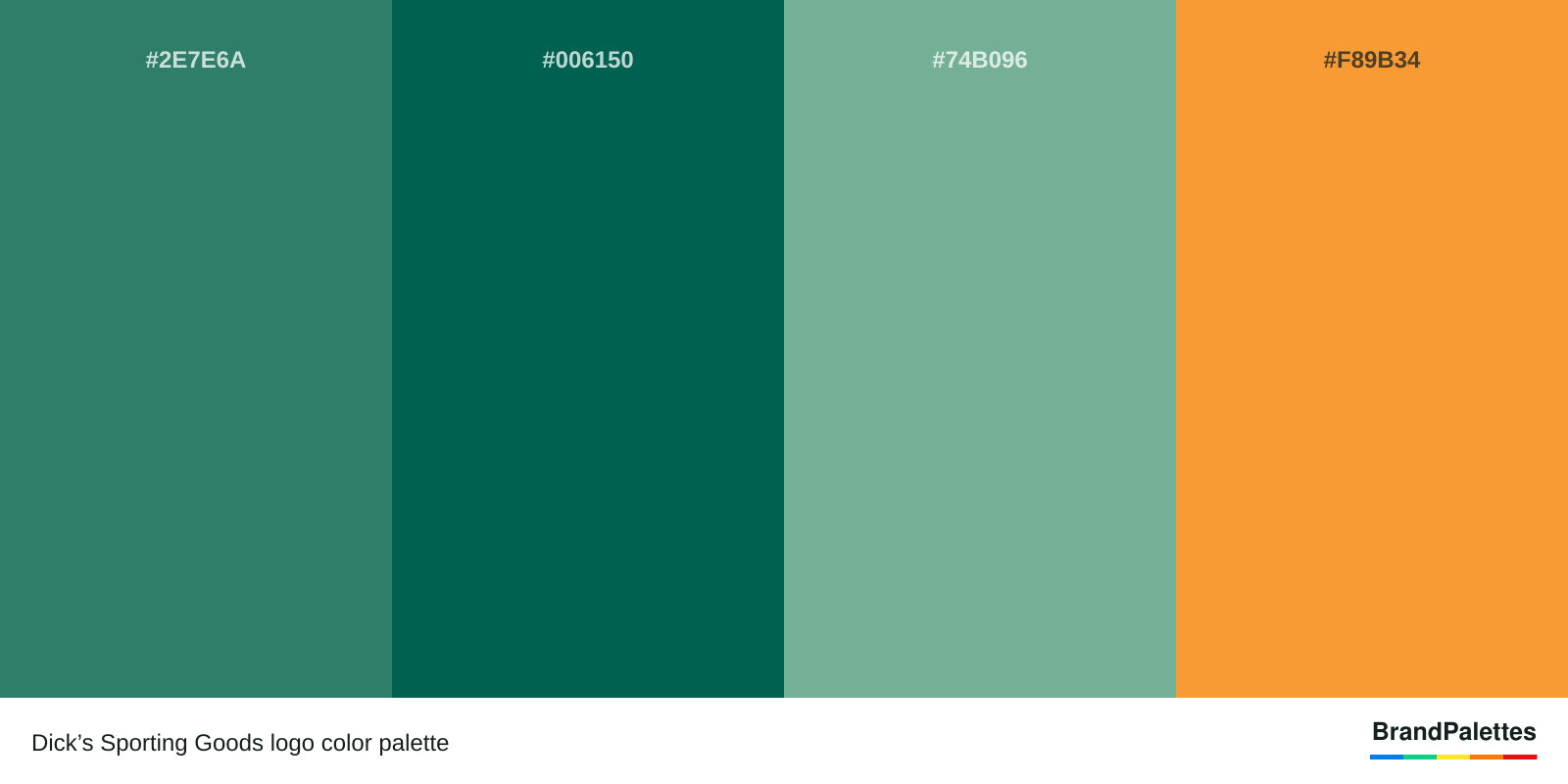 Dick’s Sporting Goods color palette with Myrtle Green #2E7E6A, Bangladesh Green #006150, Green Sheen #74B096, Deep Saffron #F89B34