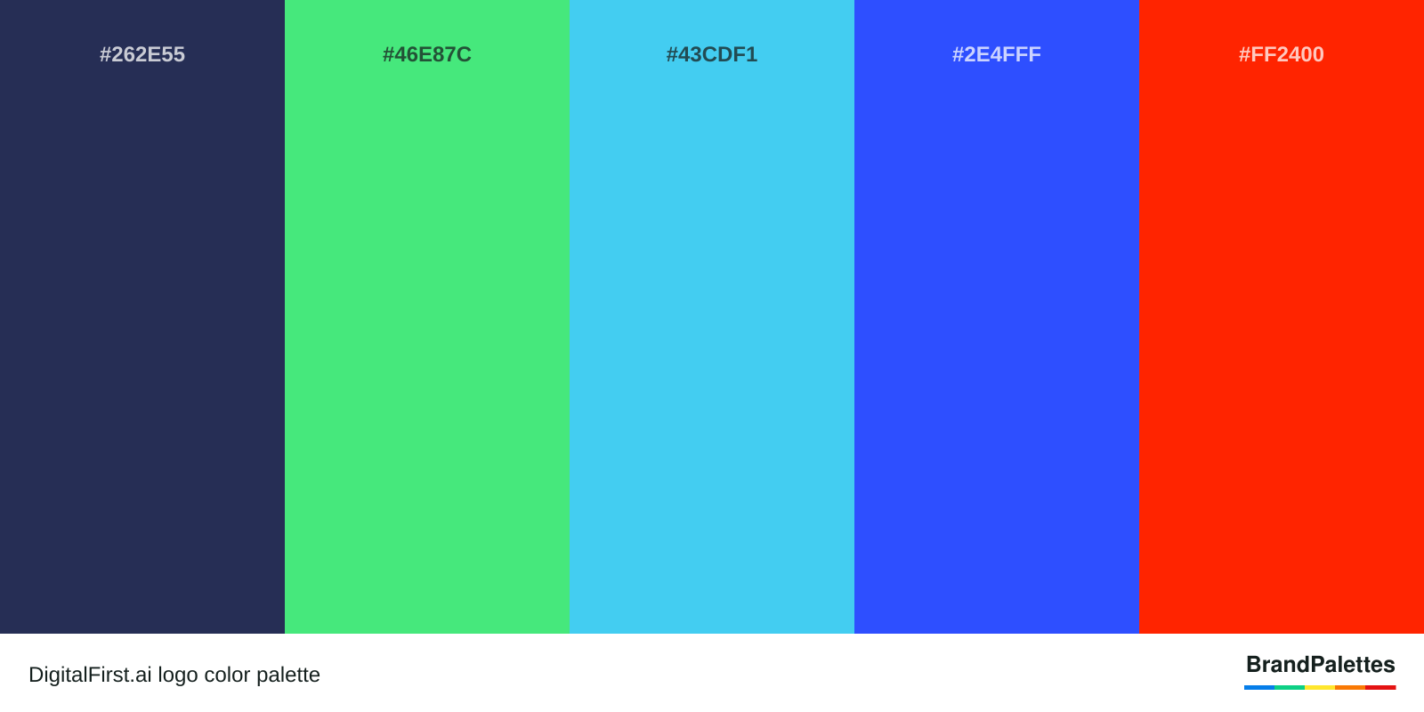 DigitalFirst.ai color palette with Midnight Blue #262E55, Green #46E87C, Sky Blue #43CDF1, Blue #2E4FFF, Red #FF2400