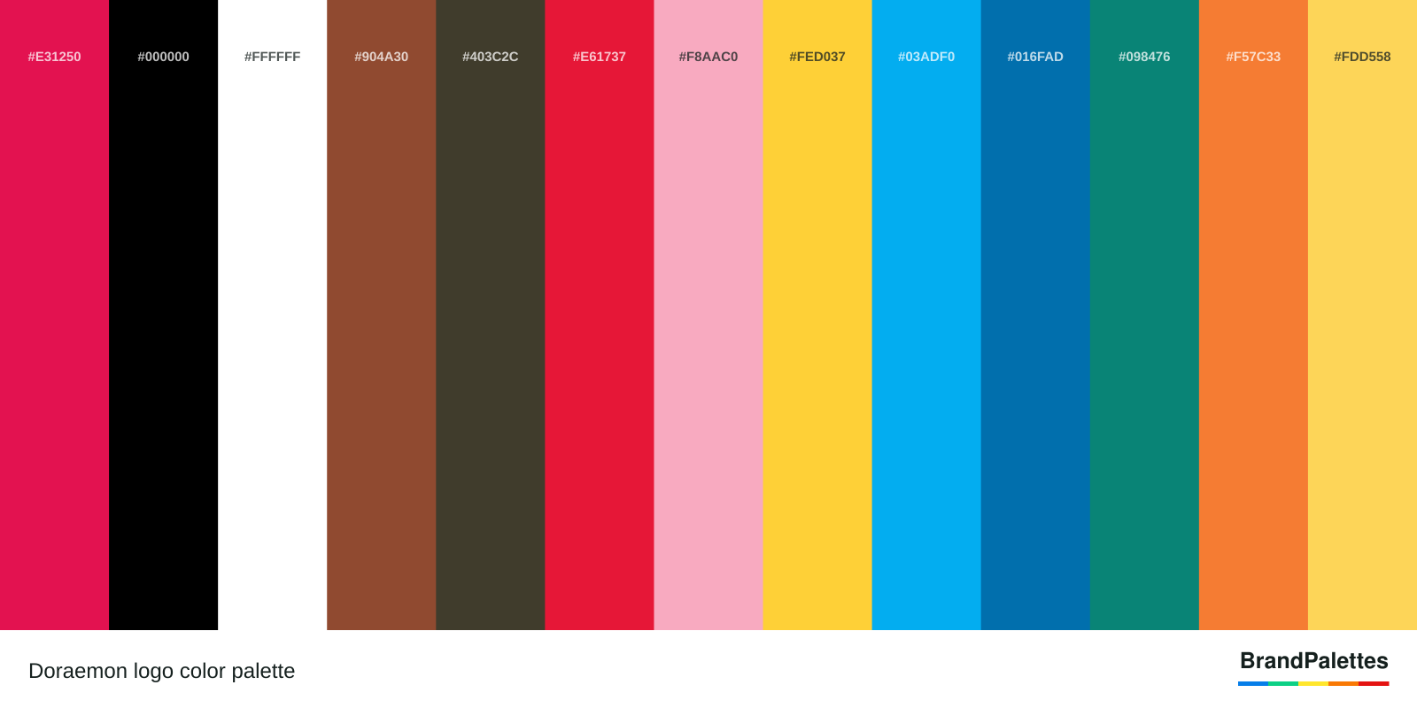 Doraemon color palette with Deep Pink #E31250, Black #000000, White #FFFFFF, Brown #904A30, Dark Brown #403C2C, Red #E61737, Pink #F8AAC0, Yellow #FED037, Sky Blue #03ADF0, Blue #016FAD, Green #098476, Orange #F57C33, Light Yellow #FDD558