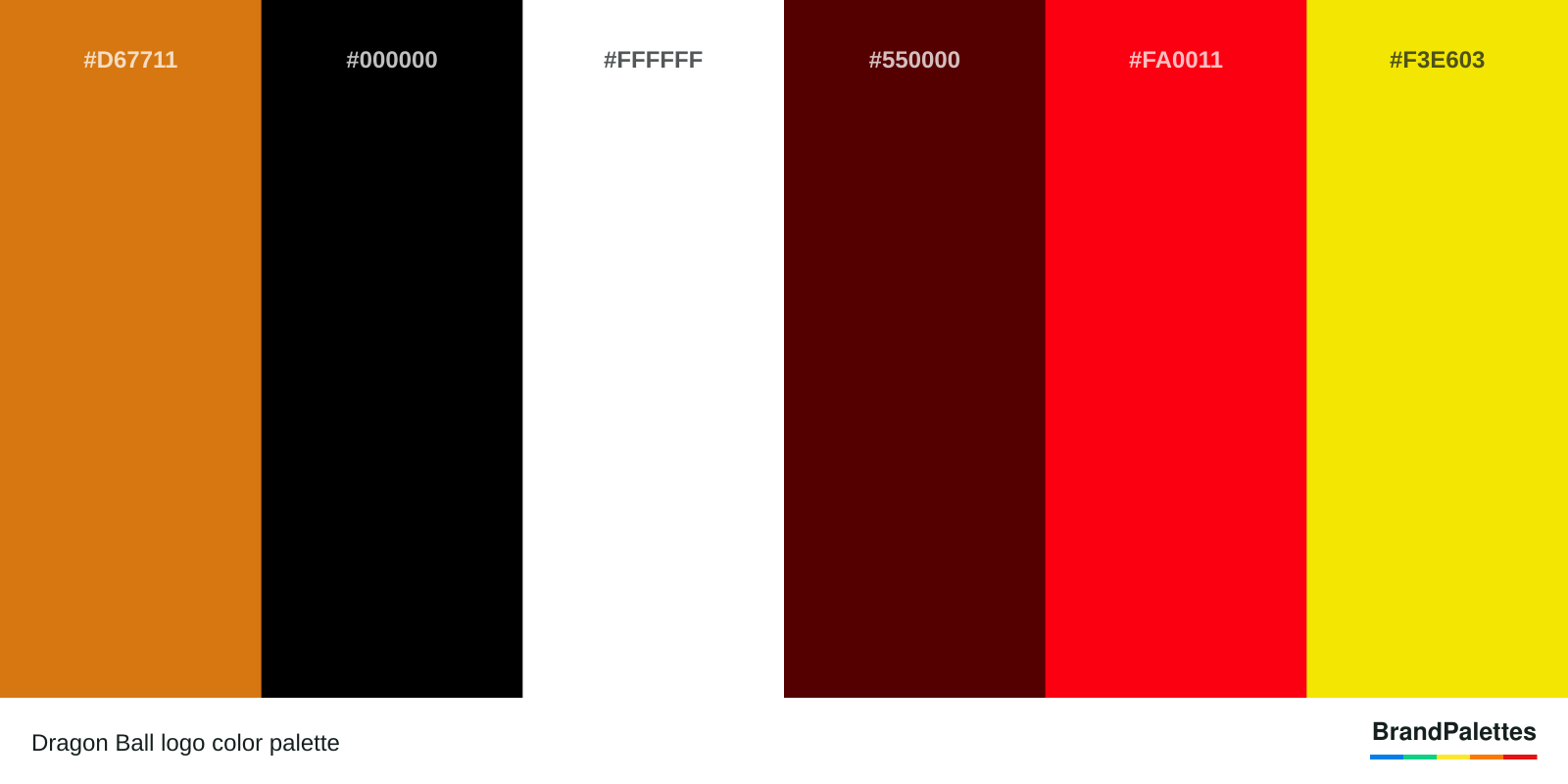 Dragon Ball color palette with Orange #D67711, Black #000000, White #FFFFFF, Maroon #550000, Red #FA0011, Yellow #F3E603