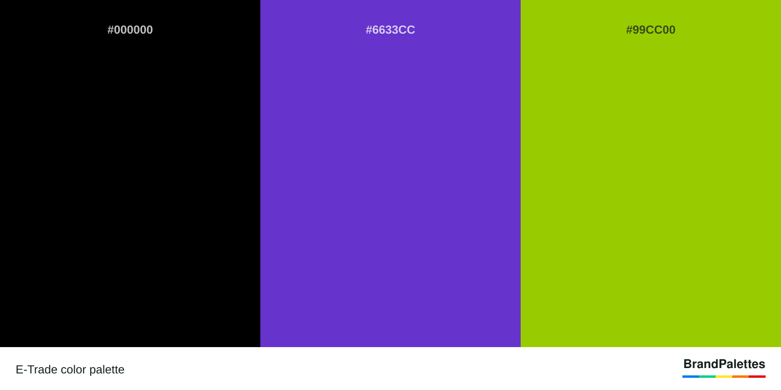 E-Trade color palette with Black #000000, Iris #6633CC, Sheen Green #99CC00