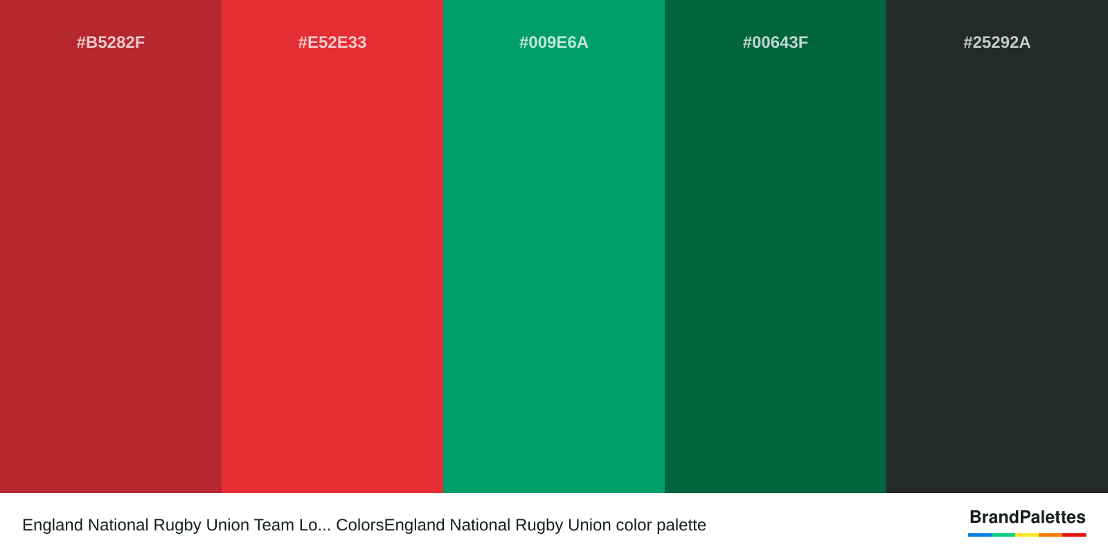 England National Rugby Union Team Lo... ColorsEngland National Rugby Union color palette with American Red #B5282F, Permanent Geranium Lake #E52E33, Ncs Green #009E6A, Cadmium Green #00643F, Charleston Green #25292A