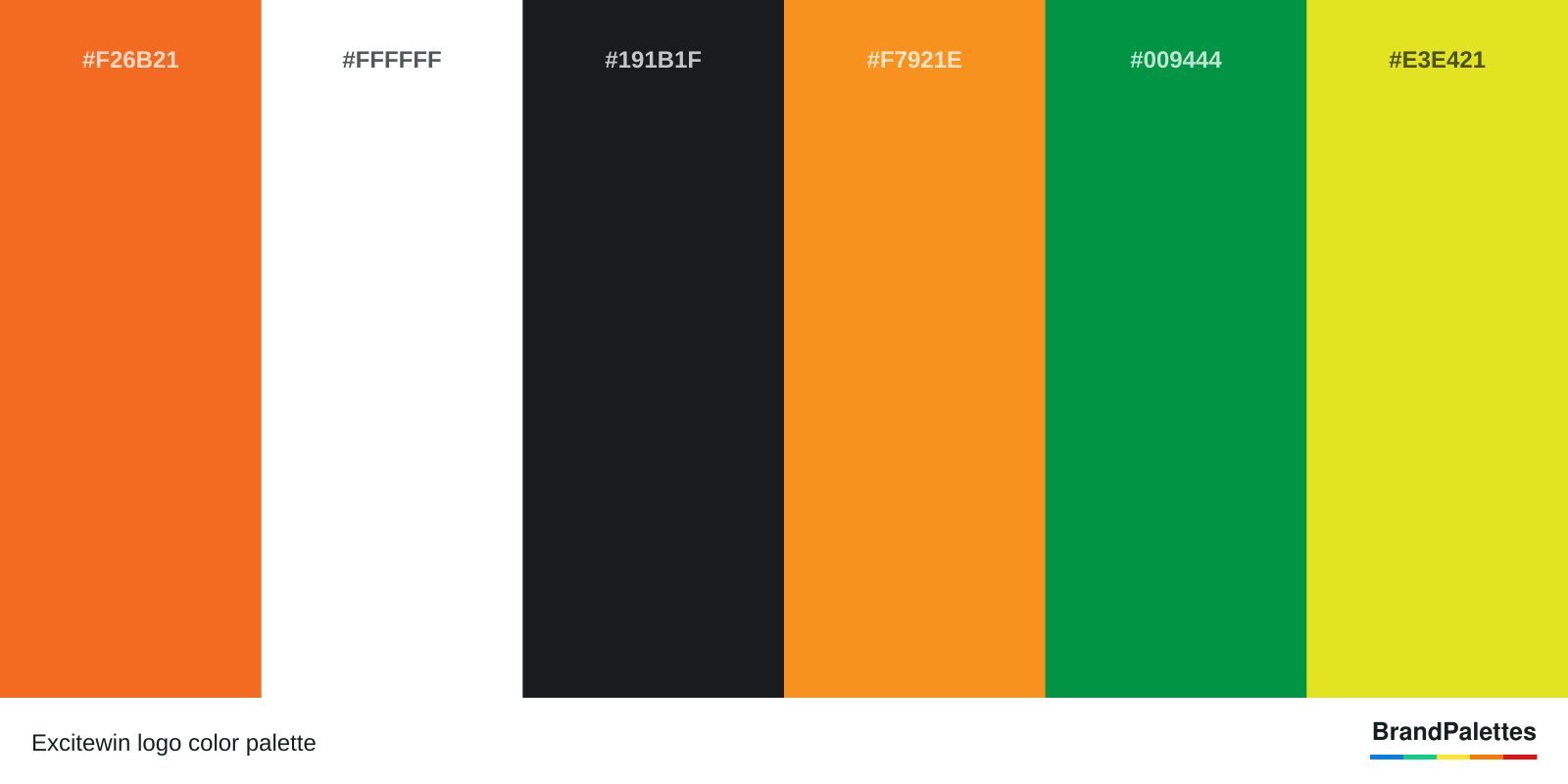 Excitewin color palette with Orange #F26B21, White #FFFFFF, Dark Gray #191B1F, Orange #F7921E, Green #009444, Yellow #E3E421