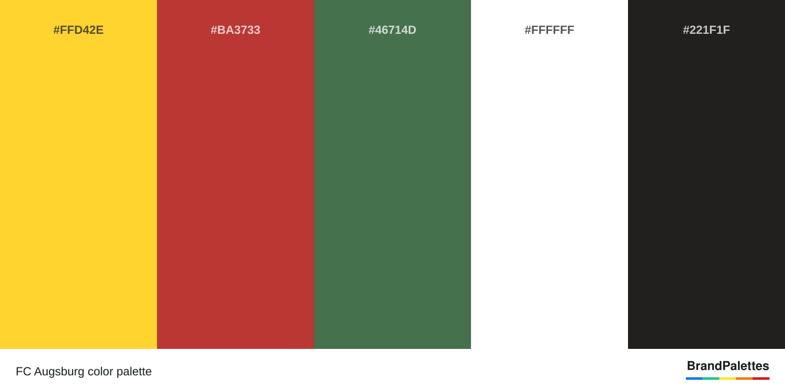 FC Augsburg color palette with Sunglow #FFD42E, Golden Gate Bridge Orange #BA3733, Fern Green #46714D, White #FFFFFF, Raisin Black #221F1F