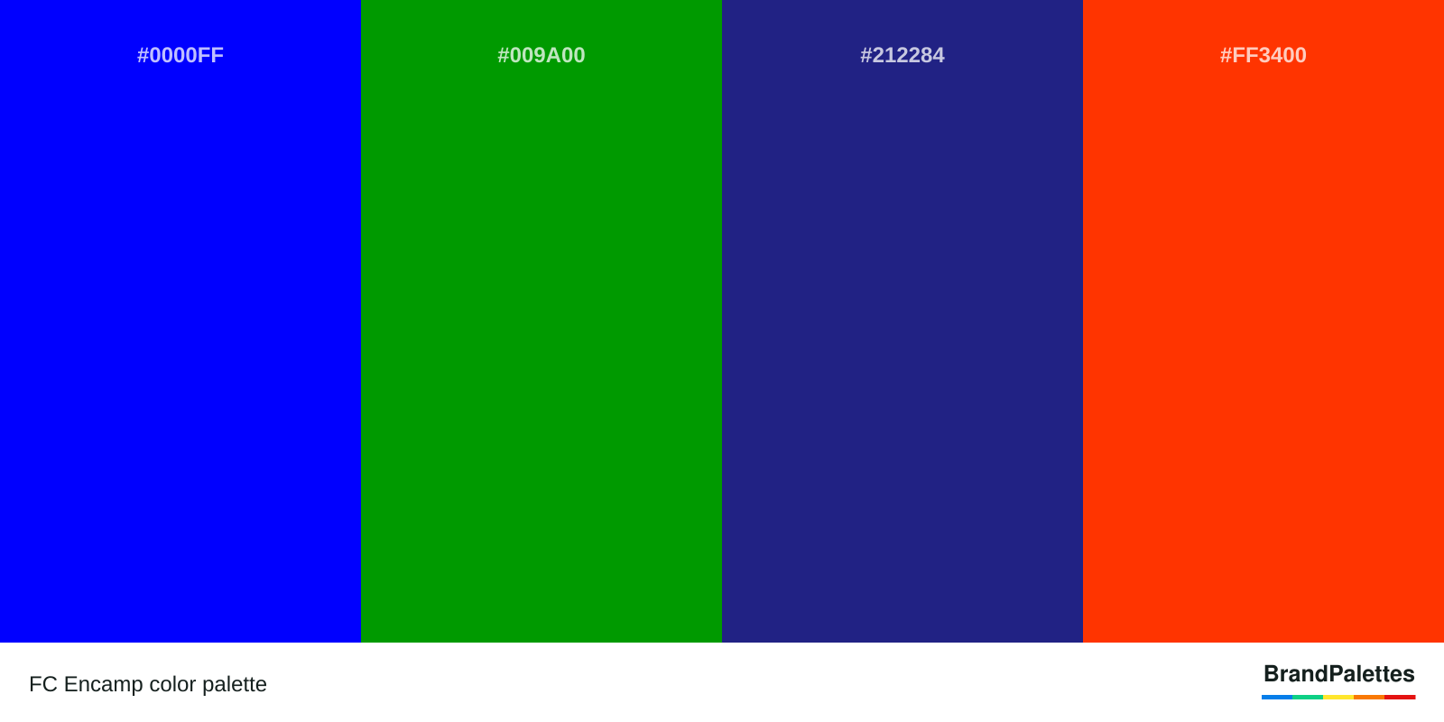 FC Encamp color palette with Blue #0000FF, Islamic Green #009A00, St. Patrick’S Blue #212284, Electric Orange #FF3400
