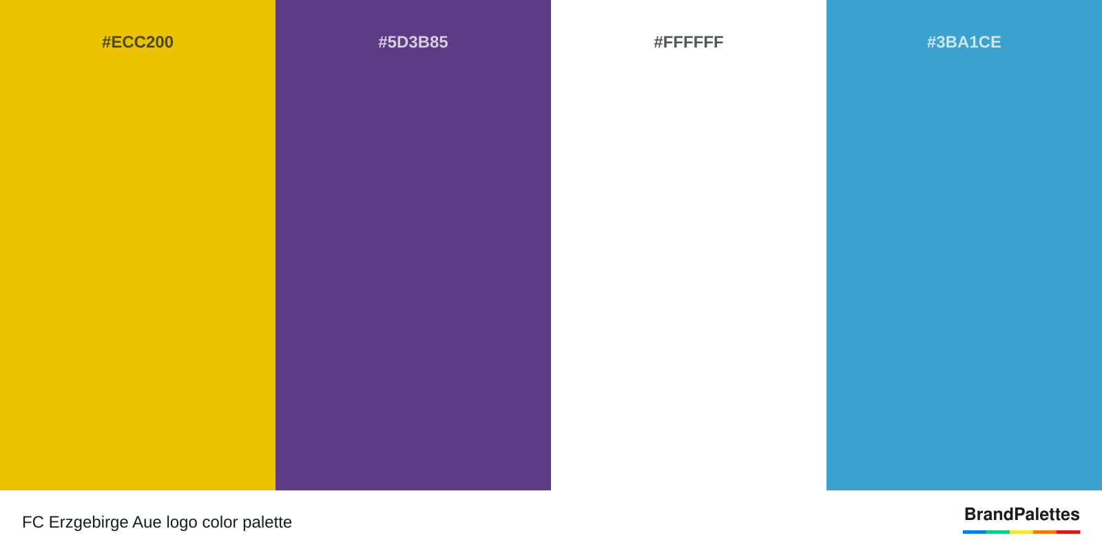FC Erzgebirge Aue color palette with Munsell Yellow #ECC200, Cyber Grape #5D3B85, White #FFFFFF, Moonstone #3BA1CE