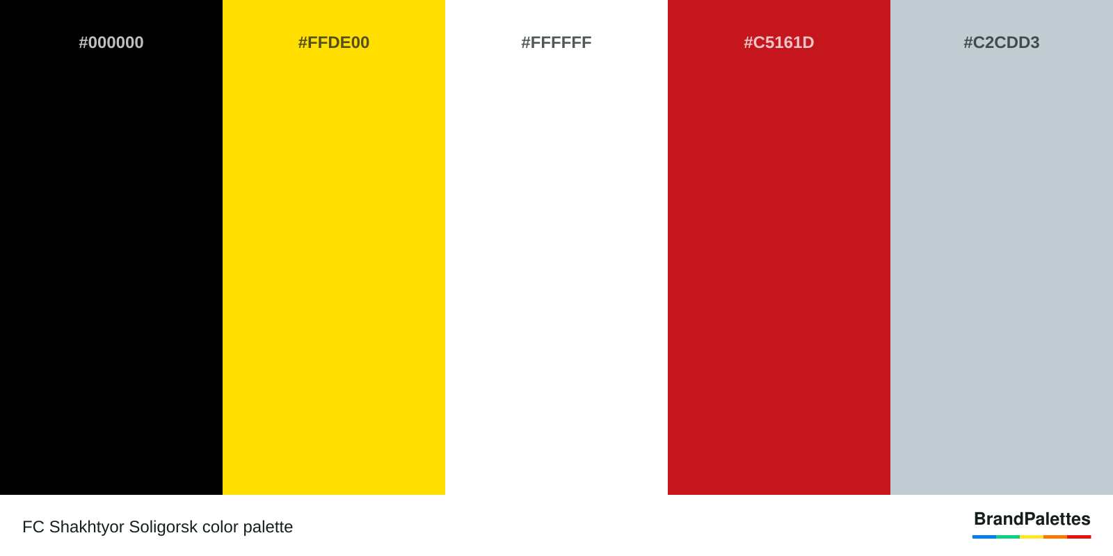 FC Shakhtyor Soligorsk color palette with Black #000000, Golden Yellow #FFDE00, White #FFFFFF, Lava #C5161D, Lavender Gray #C2CDD3
